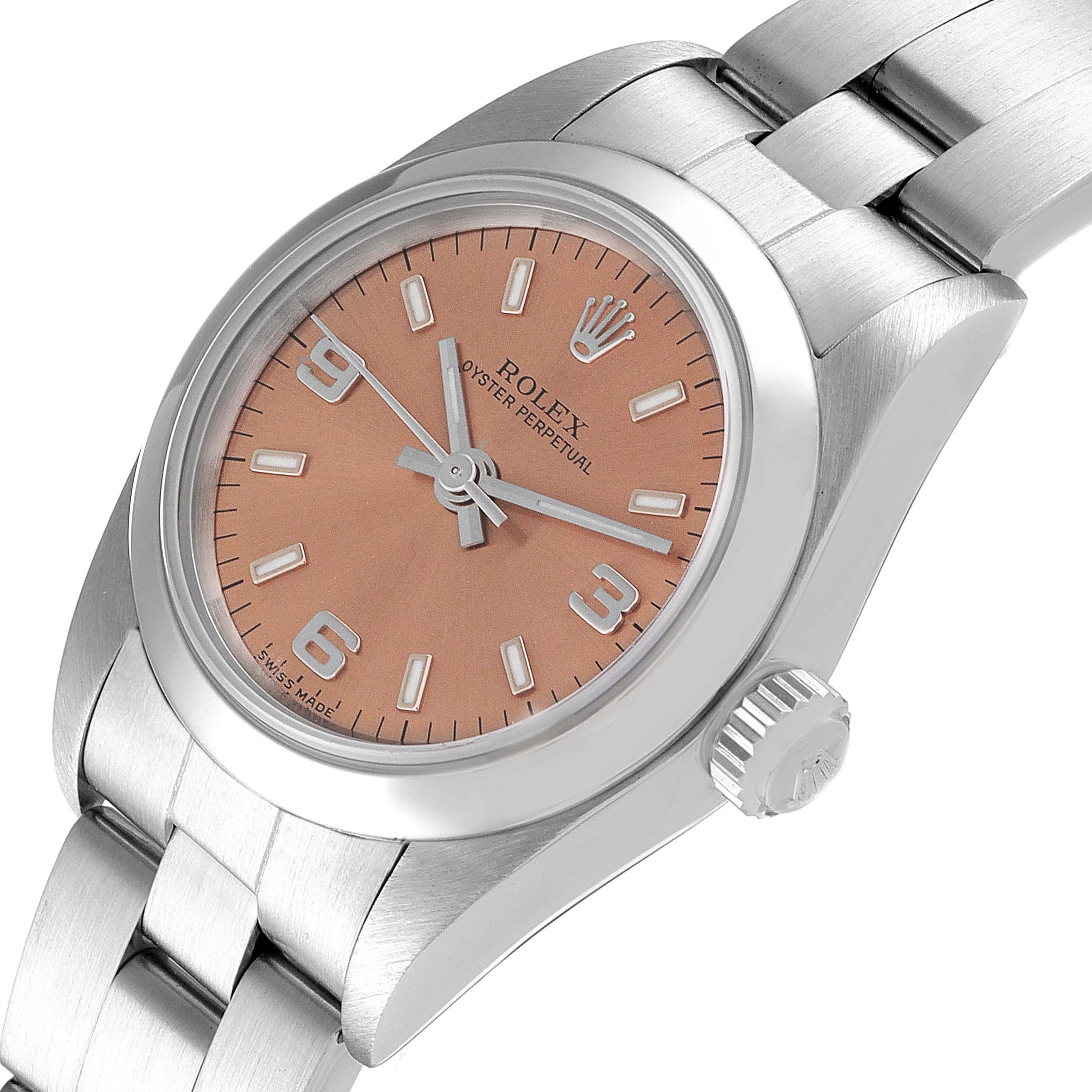 The Rolex Oyster Perpetual 76080 Women
s Stainless Steel Pink Dial 76080 Women
s Stainless Steel Pink Dial watch is shown from a top and slight side angle, highlighting the dial, case, crown, and bracelet.