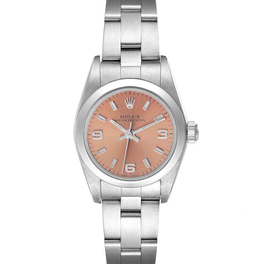 Rolex Oyster Perpetual Salmon Dial Domed Bezel Steel Watch 76080 Papers SwissWatchExpo