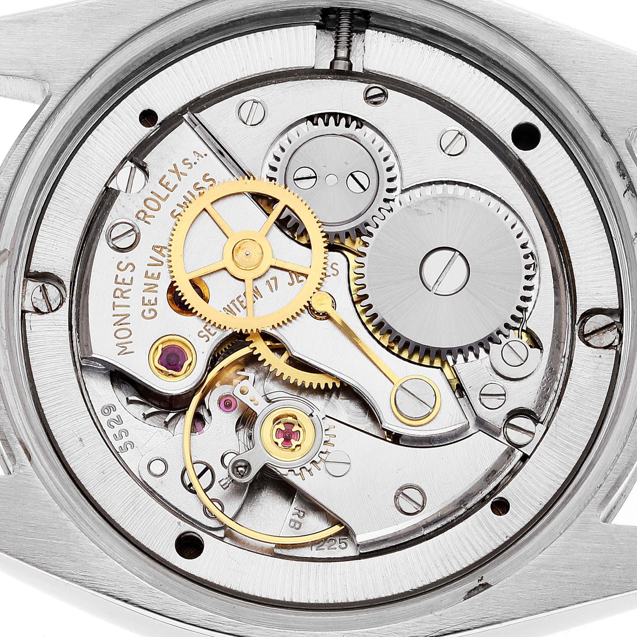 This image shows the internal mechanical movement of the Vintage Collection model by Rolex, viewed from the back.