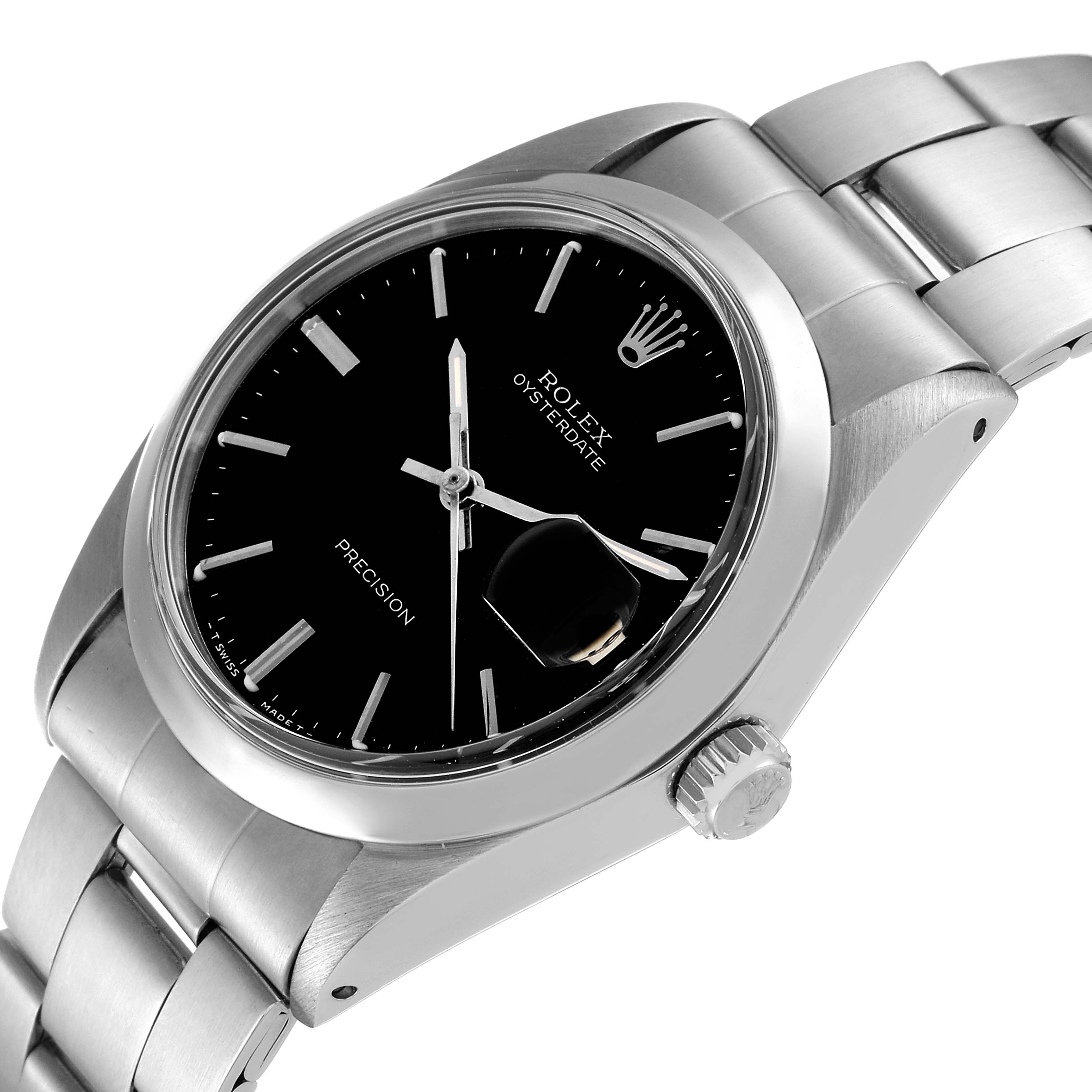 This image shows a close-up angle of the Rolex Vintage Collection 6694 Men's Stainless Steel Black Dial 6694 Men's Stainless Steel Black Dial watch, highlighting the face, crown, and part of the bracelet.