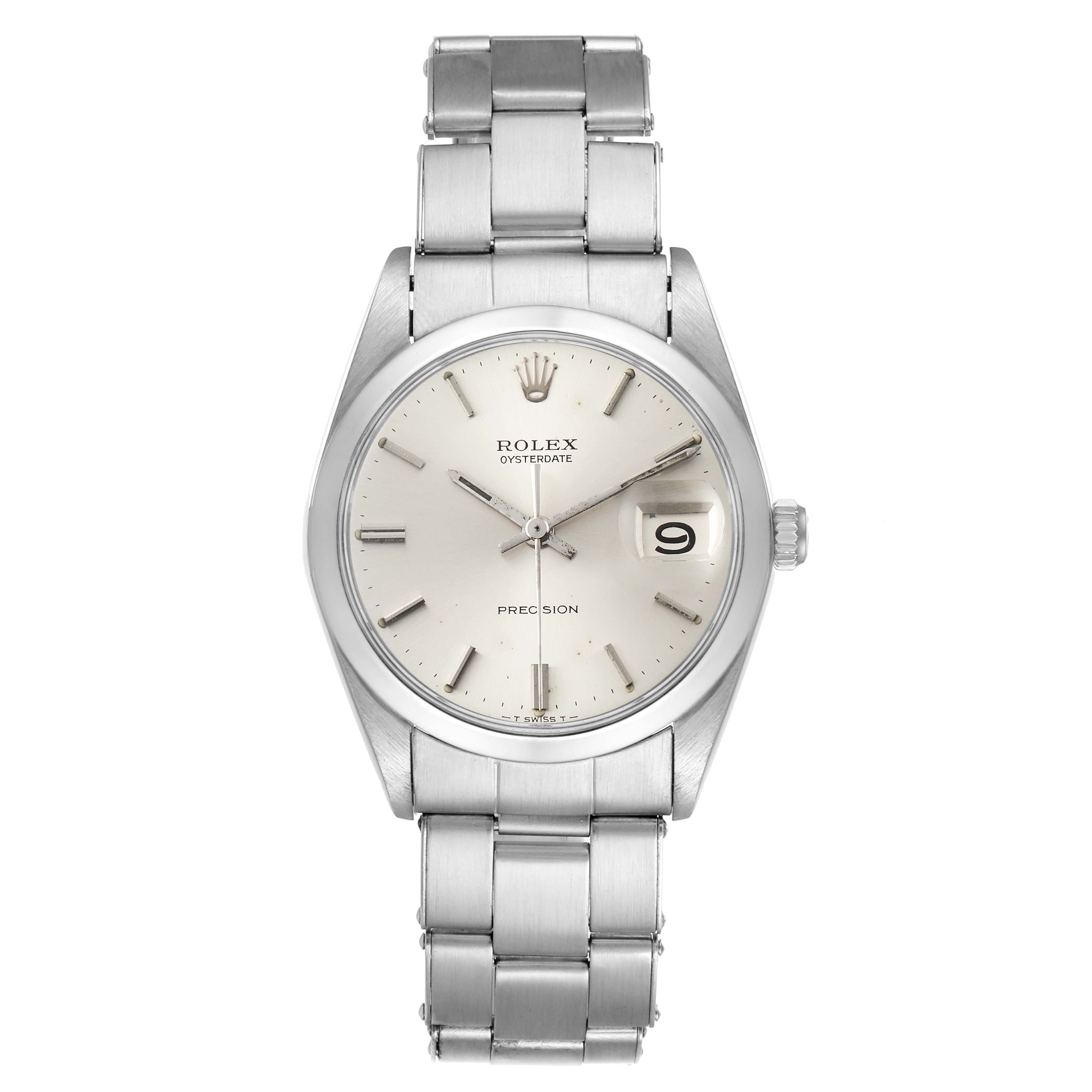 This image shows a front view of the Rolex Vintage Collection 6694 Men's Stainless Steel Silver Dial 6694 Men's Stainless Steel Silver Dial Oysterdate watch, displaying its face and stainless steel bracelet.