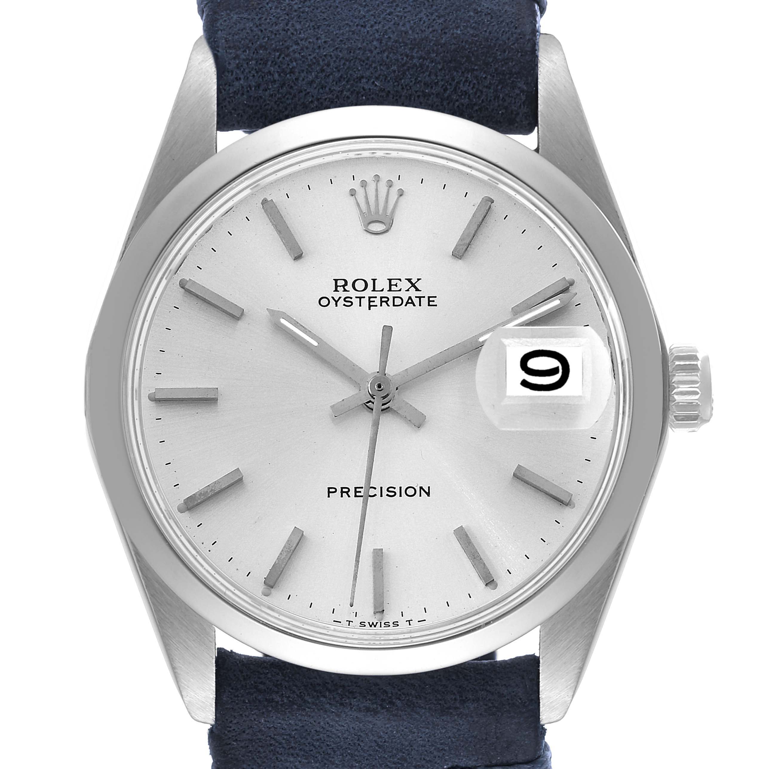 The image shows a front view of the Rolex Vintage Collection 6694 Men's Stainless Steel Silver Dial 6694 Men's Stainless Steel Silver Dial Oysterdate Precision watch, highlighting the dial, hands, crown, and date window.