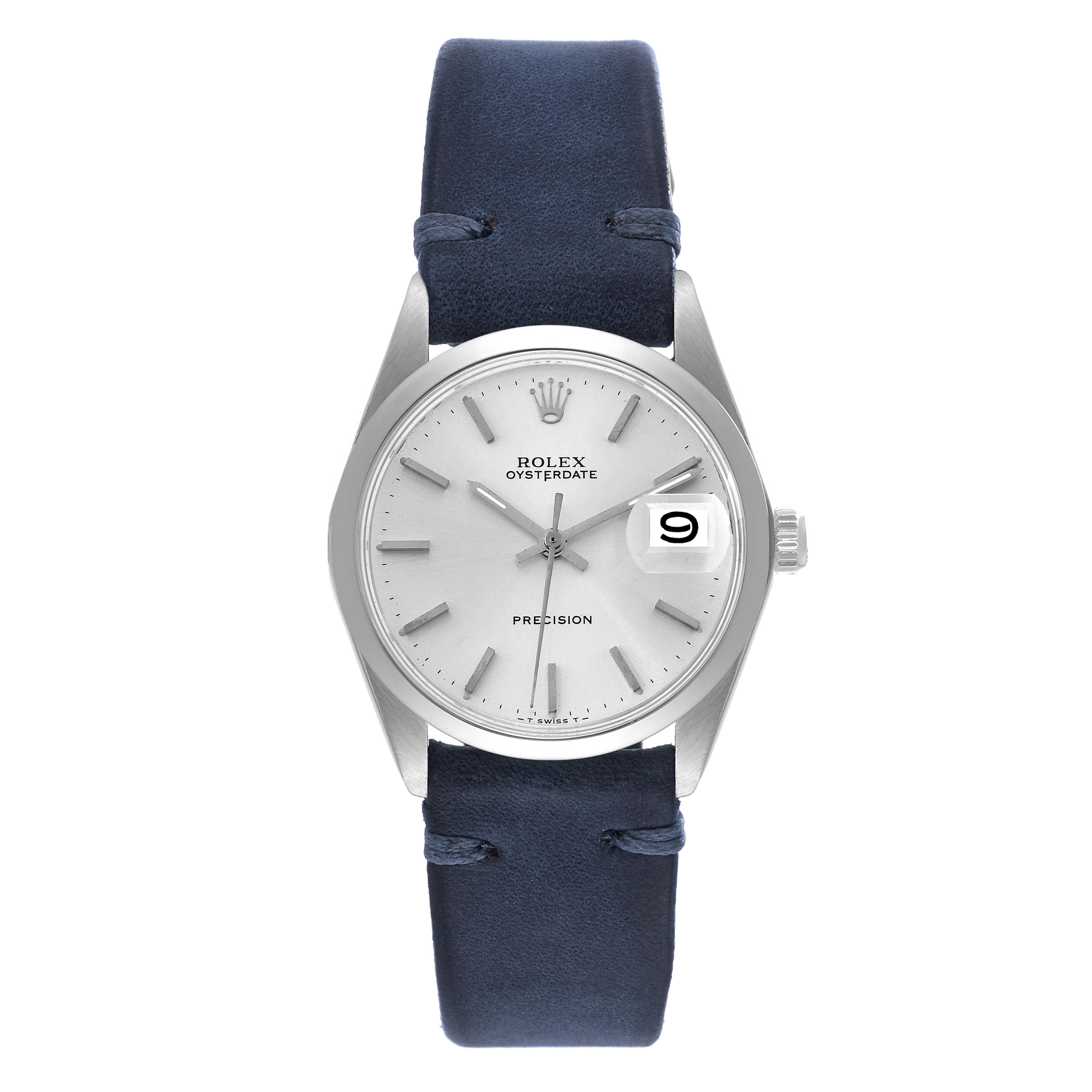 The image shows a front view of a Rolex Vintage Collection 6694 Men's Stainless Steel Silver Dial 6694 Men's Stainless Steel Silver Dial Oysterdate watch, highlighting the dial, case, and leather strap.