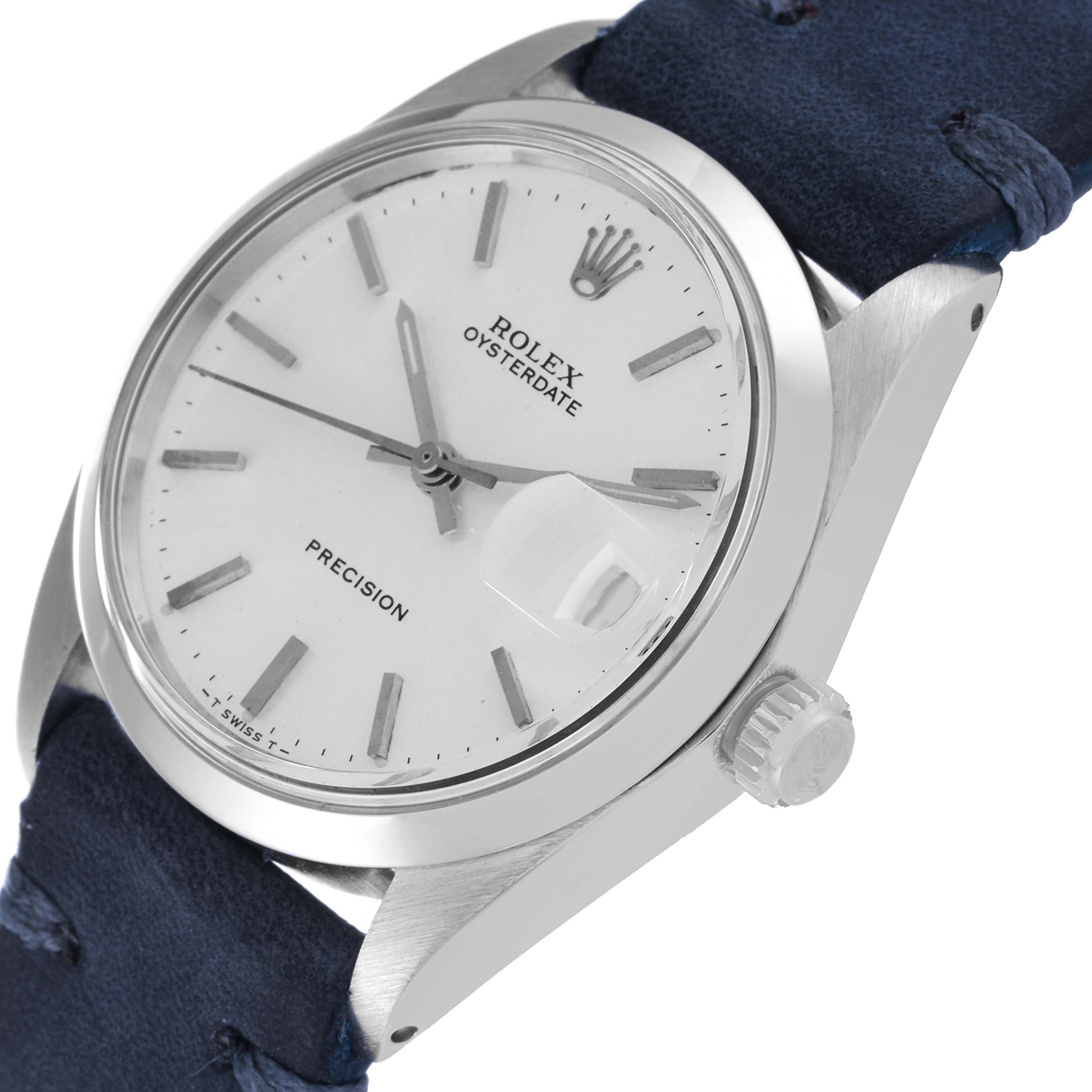 The image shows a Rolex Vintage Collection 6694 Men's Stainless Steel Silver Dial 6694 Men's Stainless Steel Silver Dial Oysterdate watch at an angled close-up, highlighting the dial, crown, and part of the strap.