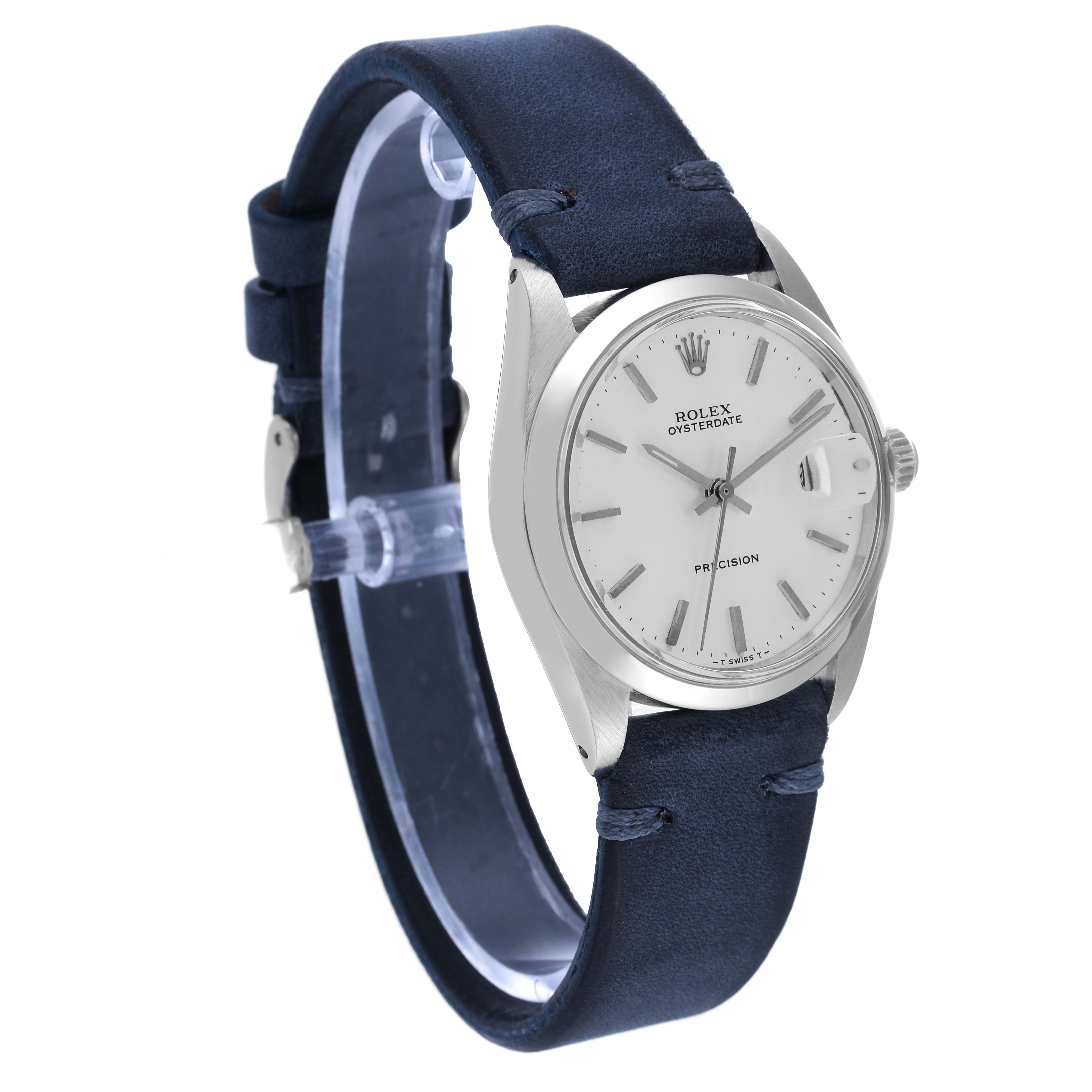 The Rolex Vintage Collection 6694 Men's Stainless Steel Silver Dial 6694 Men's Stainless Steel Silver Dial watch is shown from a three-quarter view angle, highlighting the face, case, and leather strap.