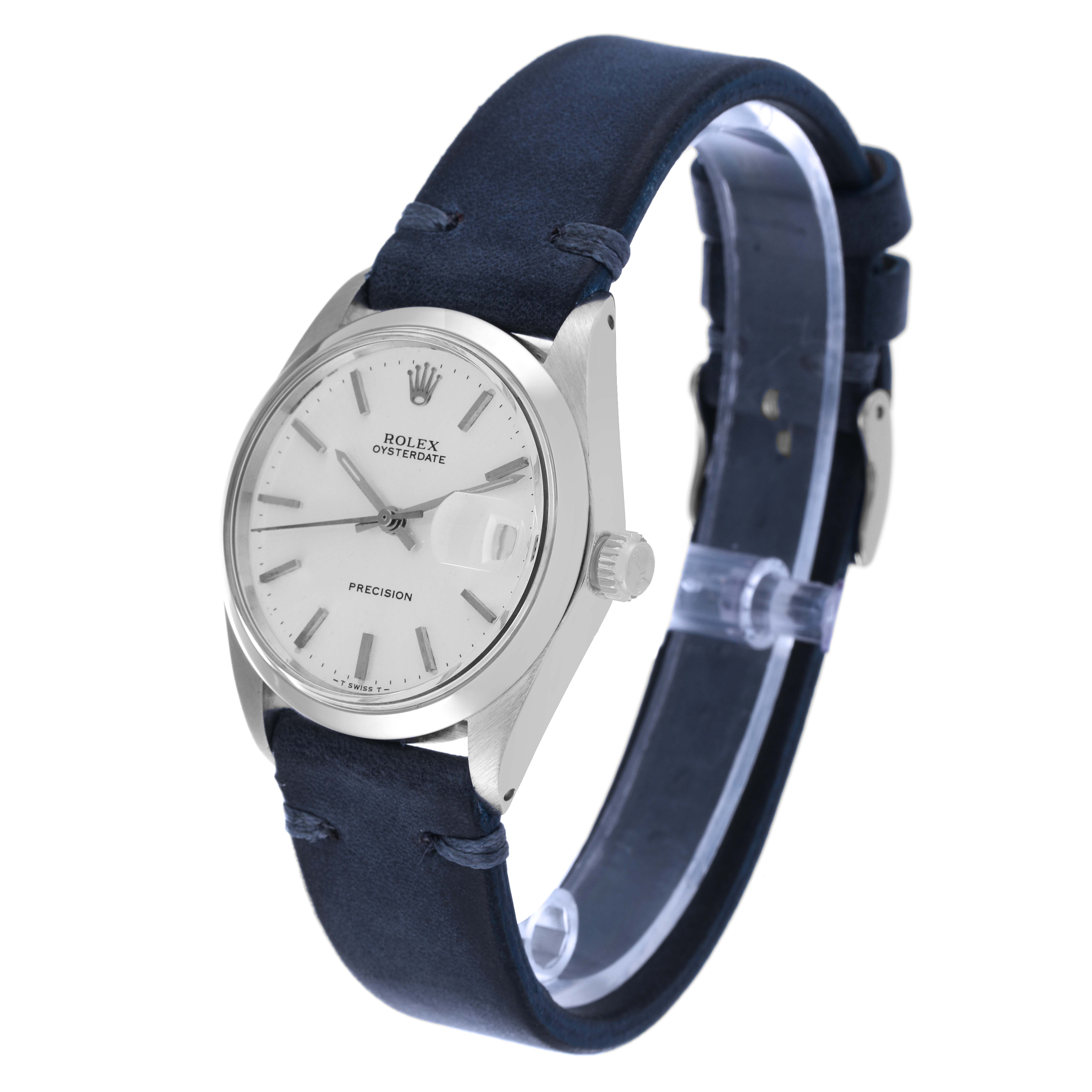 The image shows a side angle of a Rolex Vintage Collection 6694 Men's Stainless Steel Silver Dial 6694 Men's Stainless Steel Silver Dial Oysterdate, featuring the watch face, crown, and blue leather strap.