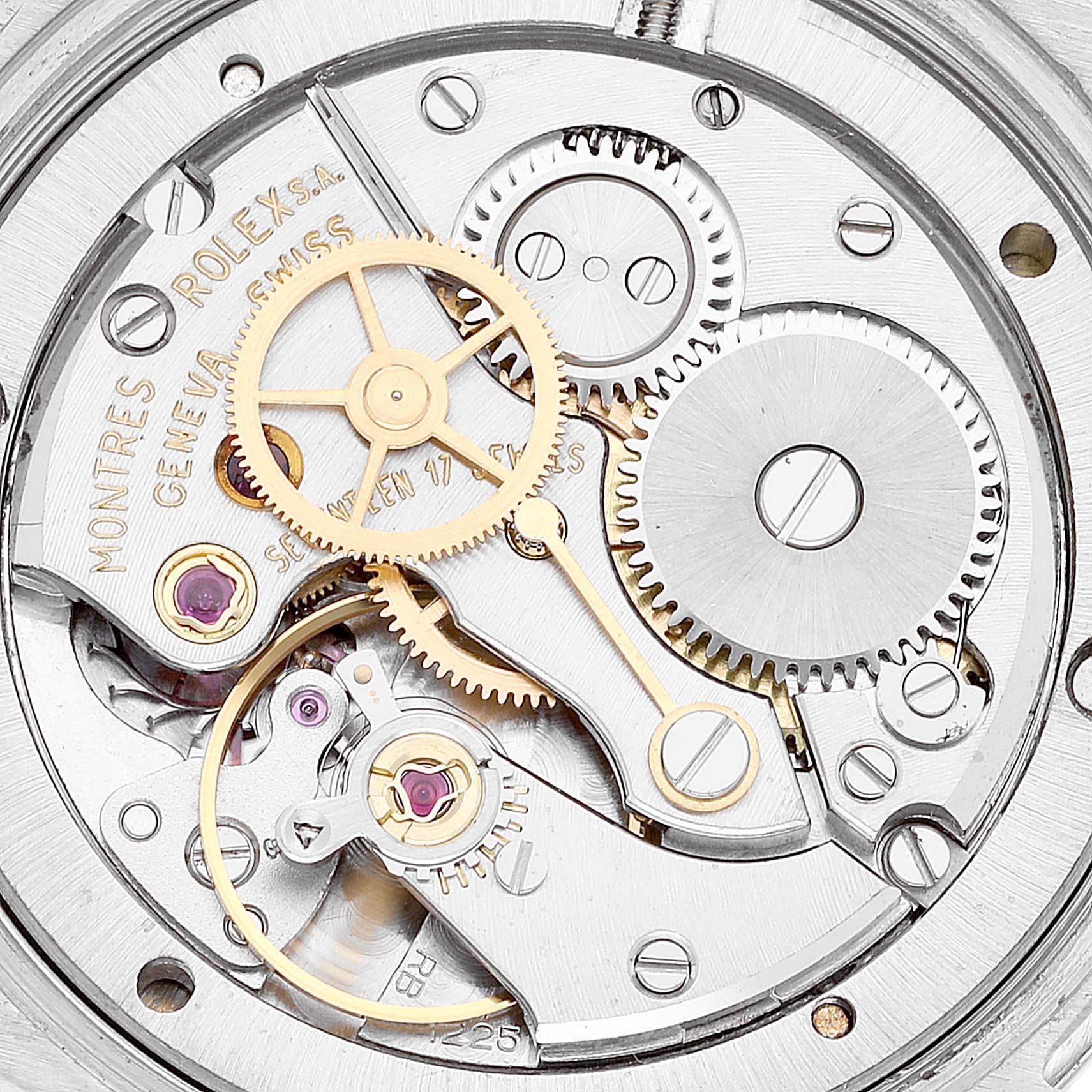 This image shows the intricate internal mechanism of a Rolex Vintage Collection 6694 Men's Stainless Steel Silver Dial 6694 Men's Stainless Steel Silver Dial watch, focusing on the gears and movement parts.