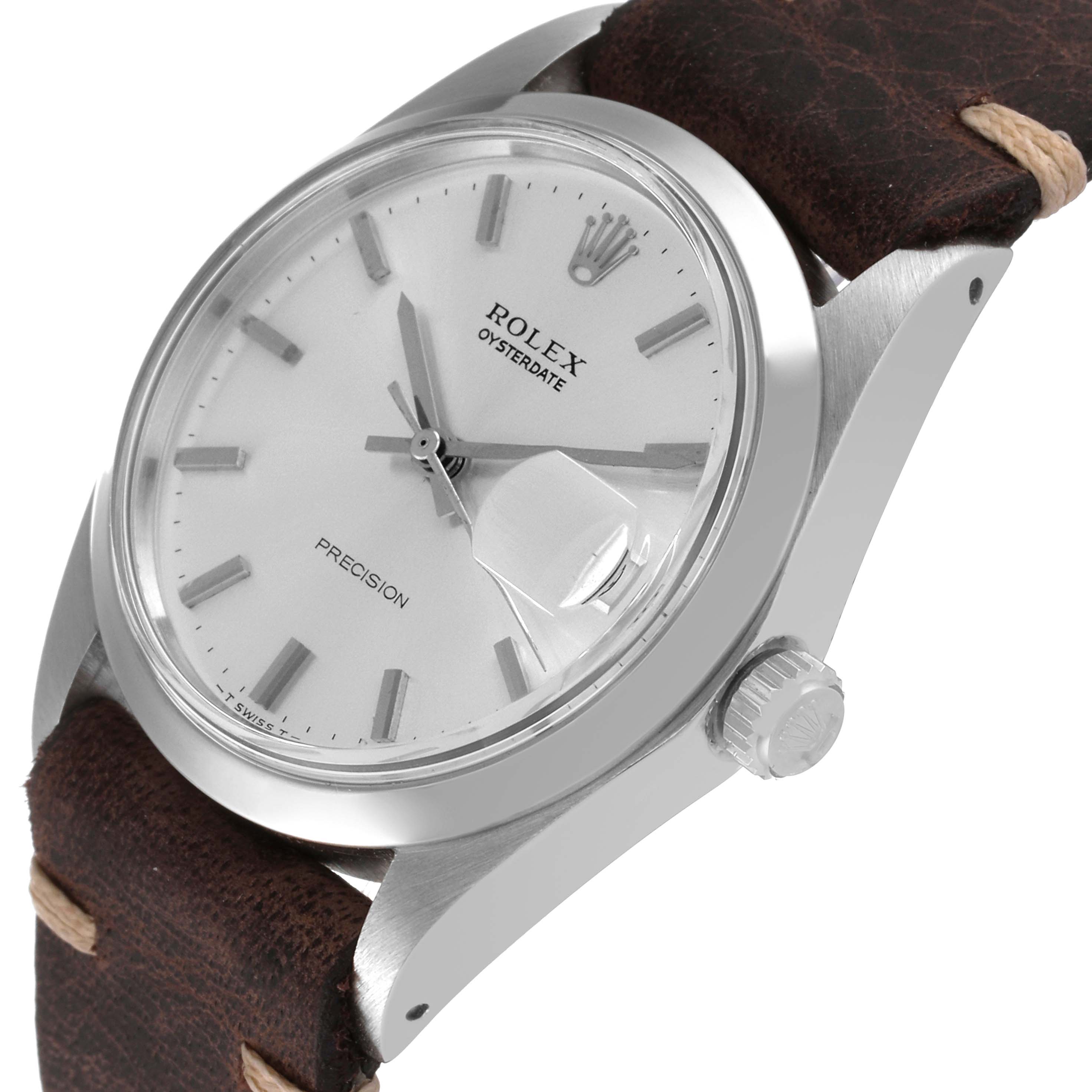 This image shows a Rolex Oysterdate Precision watch at an angle, displaying the dial, crown, and part of the leather strap.