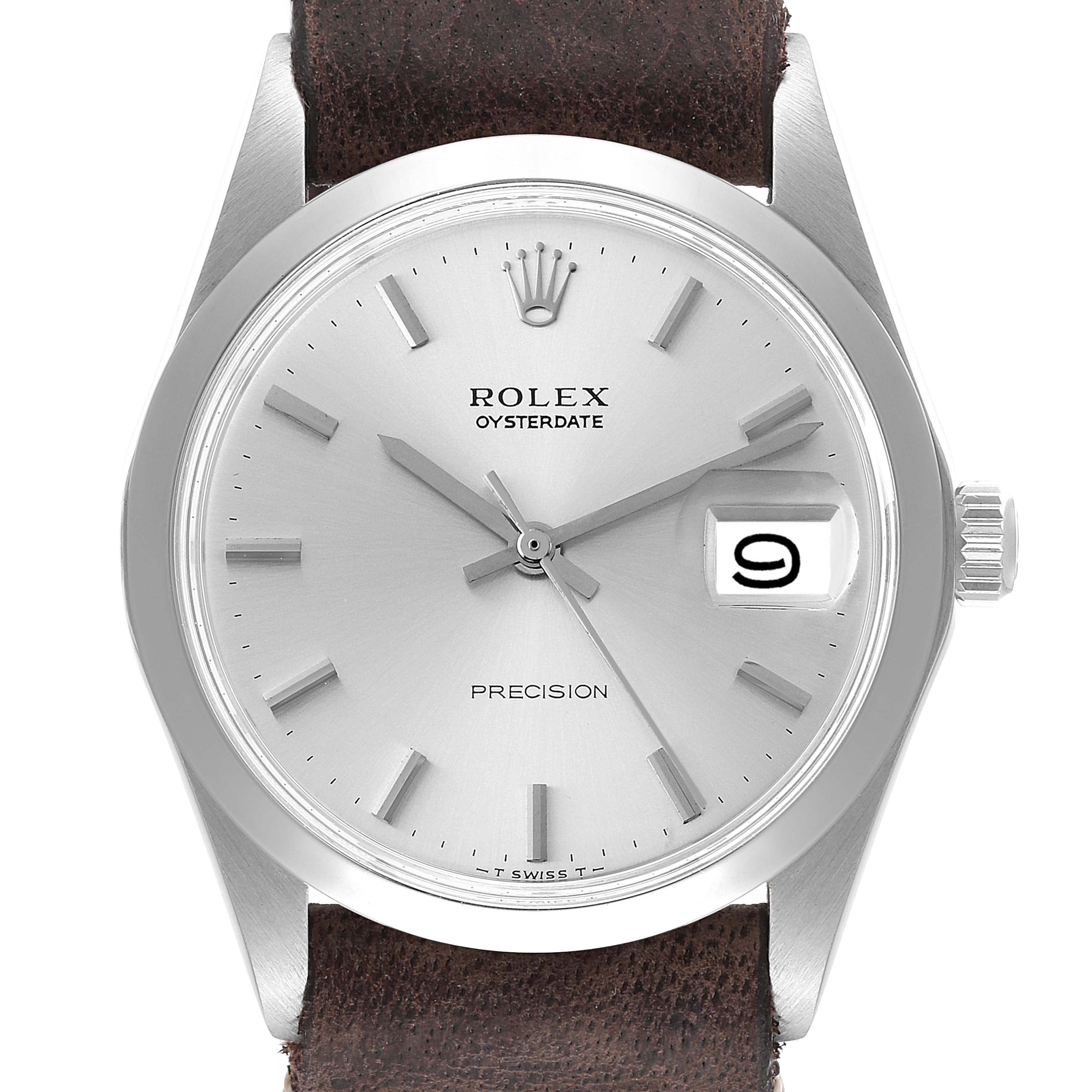 The image shows a front view of a Rolex Oysterdate Precision watch with a silver dial and brown leather strap.