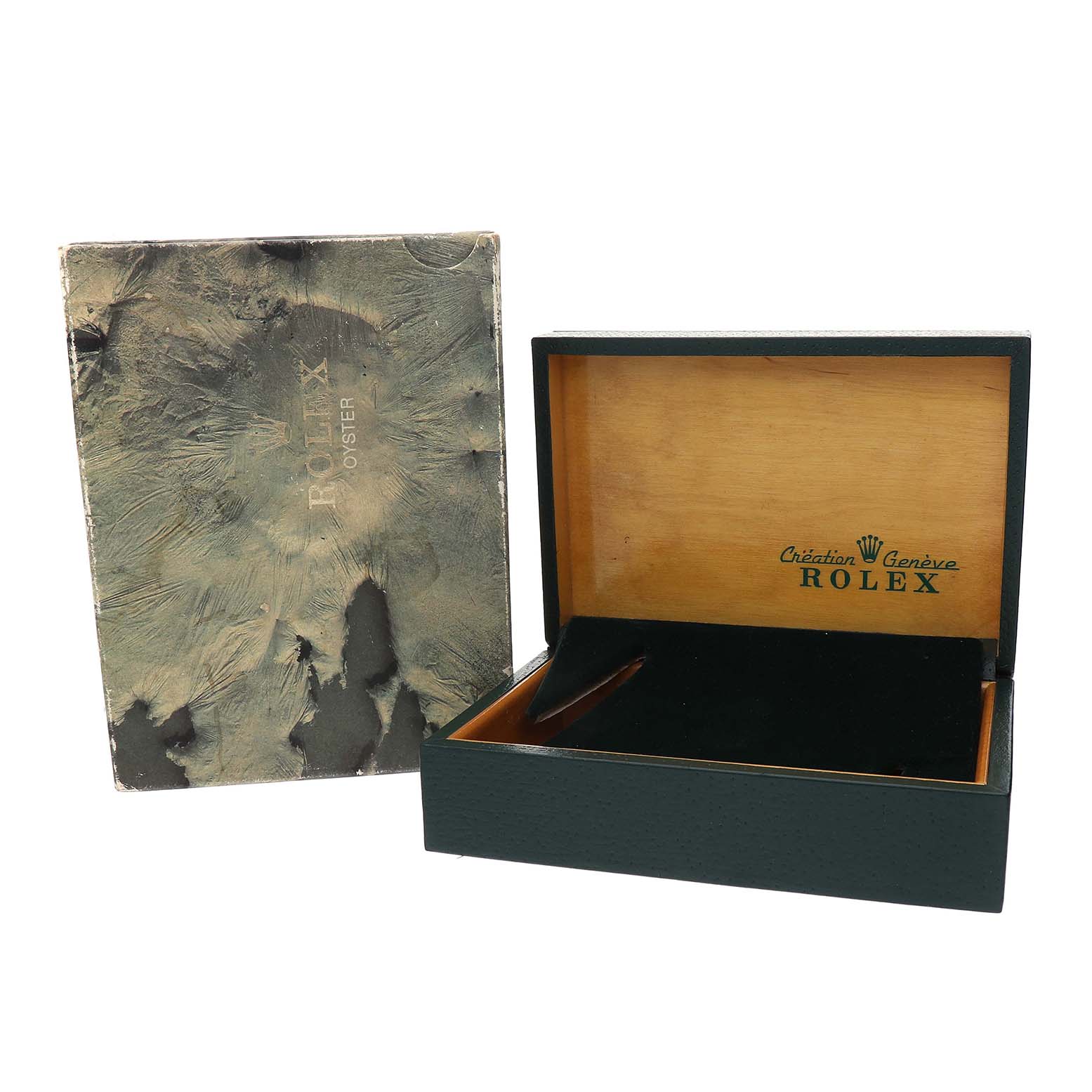 The image shows a Rolex Oysterquartz 17013 Men's Steel and Gold (two tone) Champagne Dial watch box with its textured outer packaging and inner velvet-lined case.