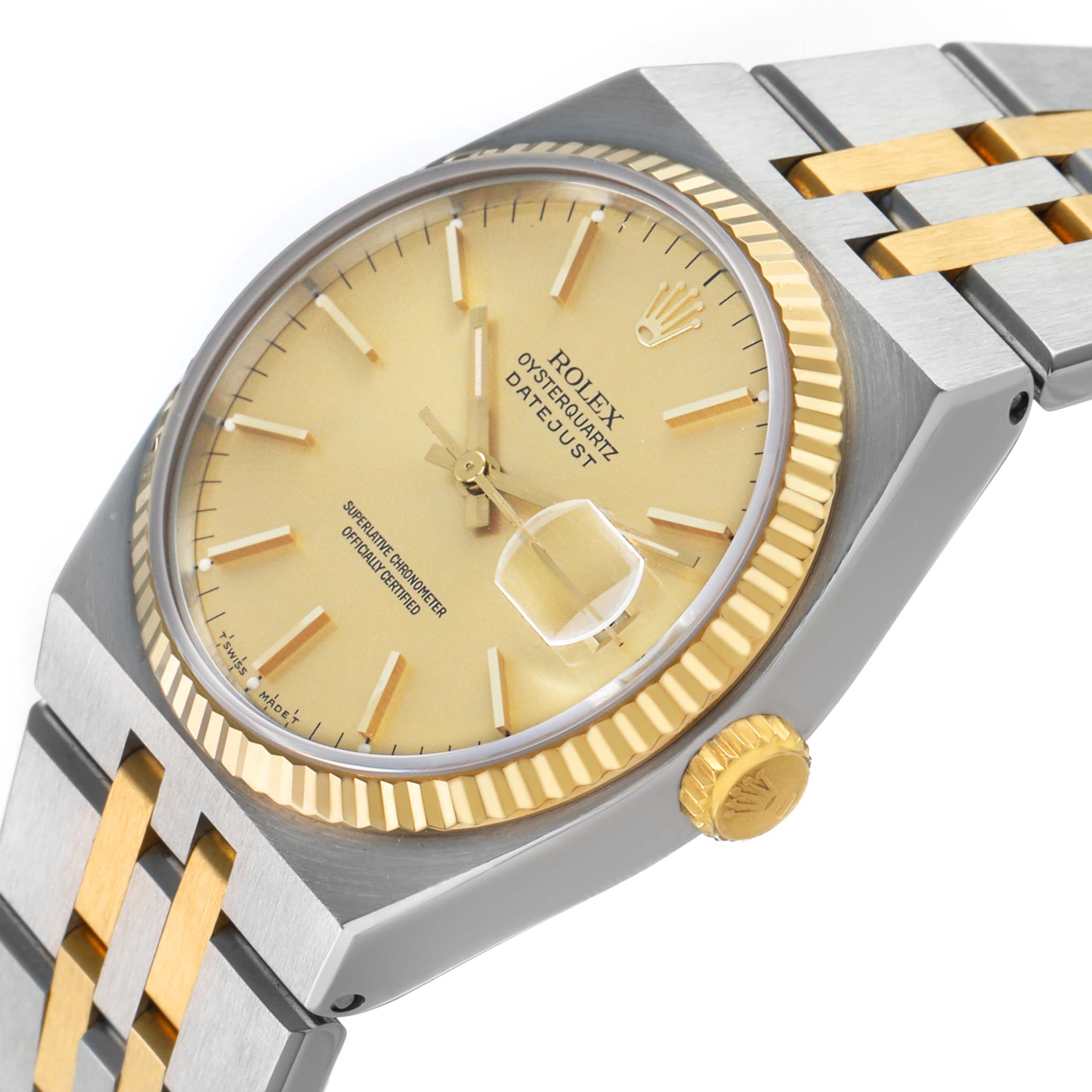 The Rolex Oysterquartz 17013 Men's Steel and Gold (two tone) Champagne Dial watch is shown at an angled view, highlighting the dial, bezel, crown, and bracelet.