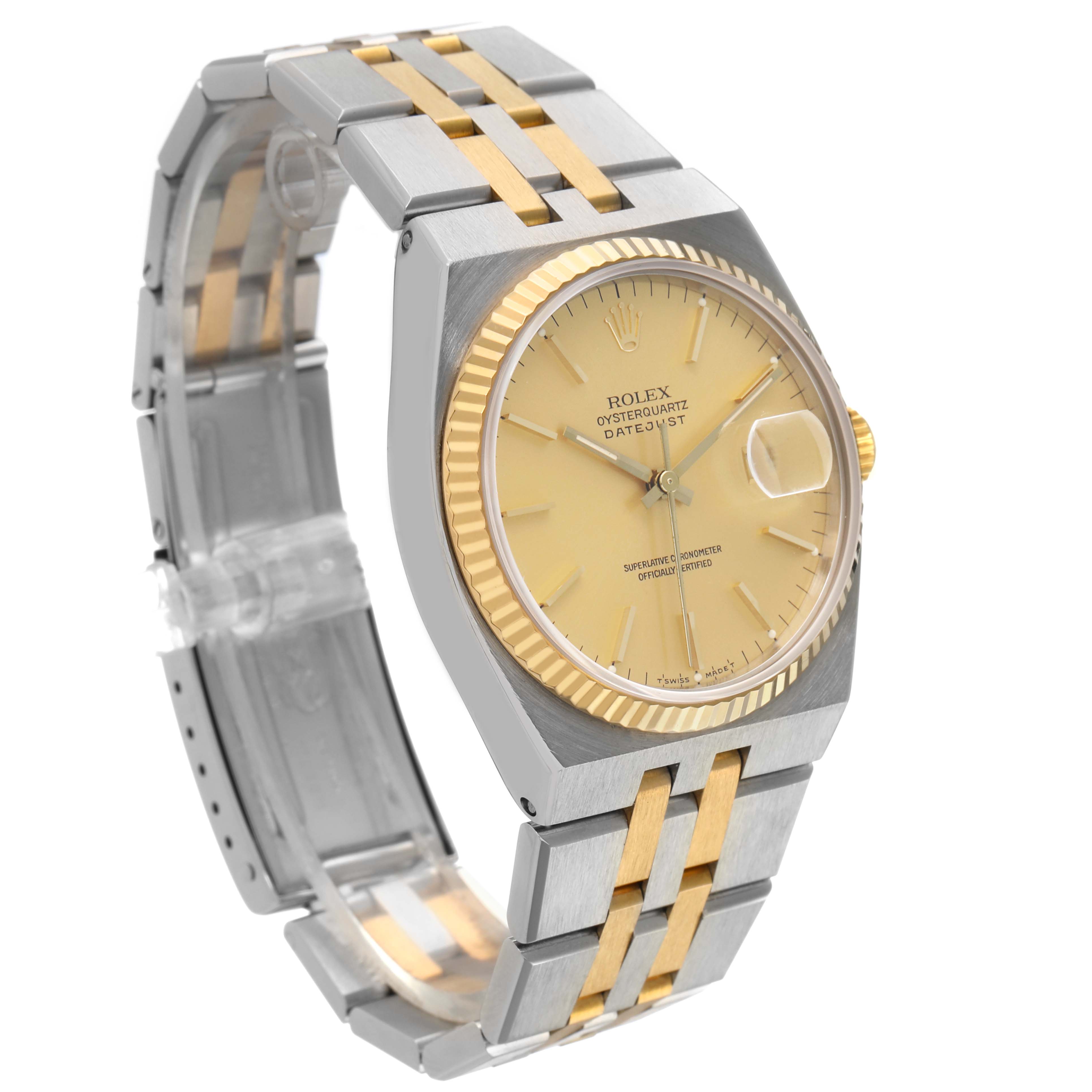 The Rolex Oysterquartz 17013 Men's Steel and Gold (two tone) Champagne Dial watch is shown at a three-quarter angle, highlighting the dial, case, two-tone bracelet, and fluted bezel.