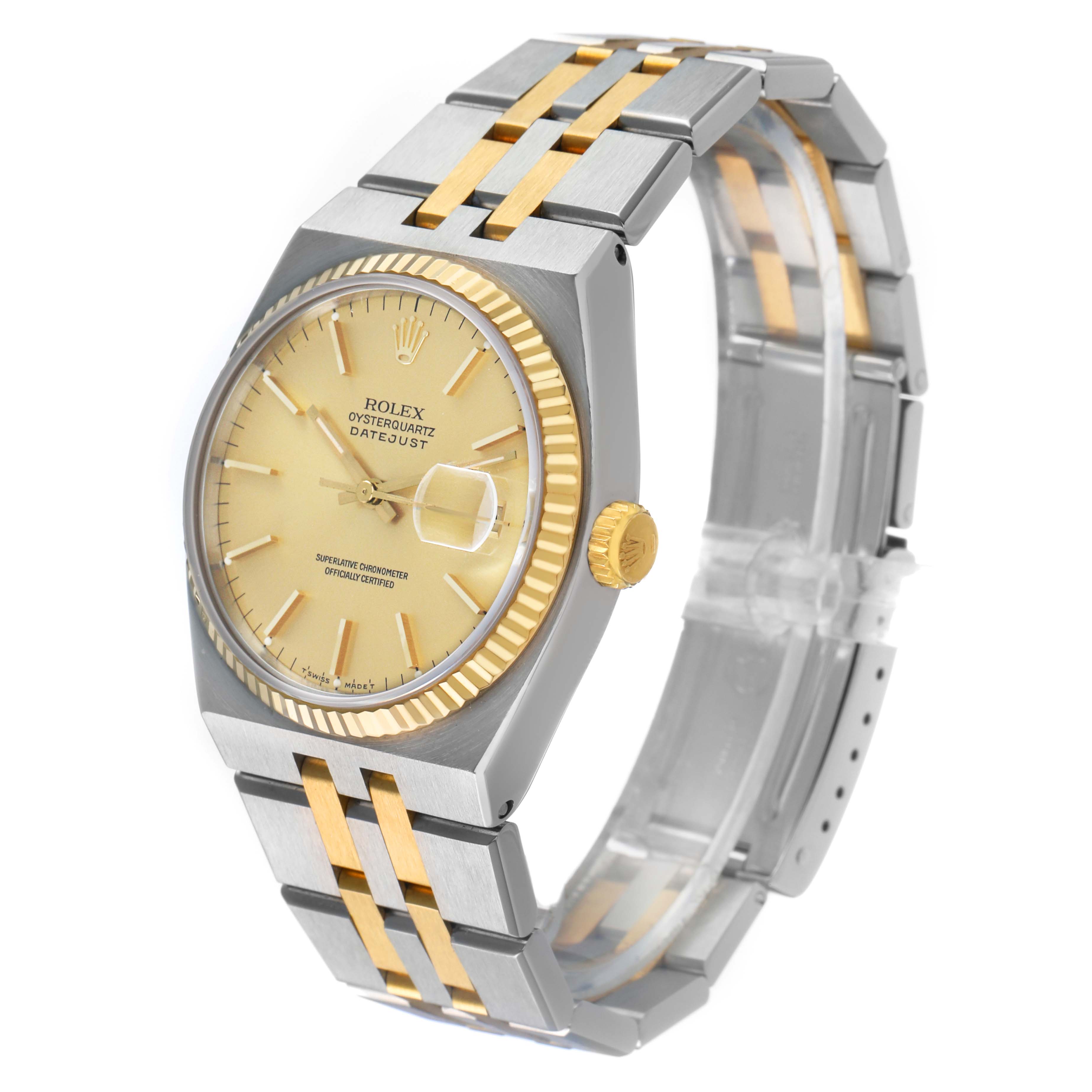 The Rolex Oysterquartz 17013 Men's Steel and Gold (two tone) Champagne Dial watch is shown at a three-quarter angle, highlighting the face, bezel, and two-tone bracelet.