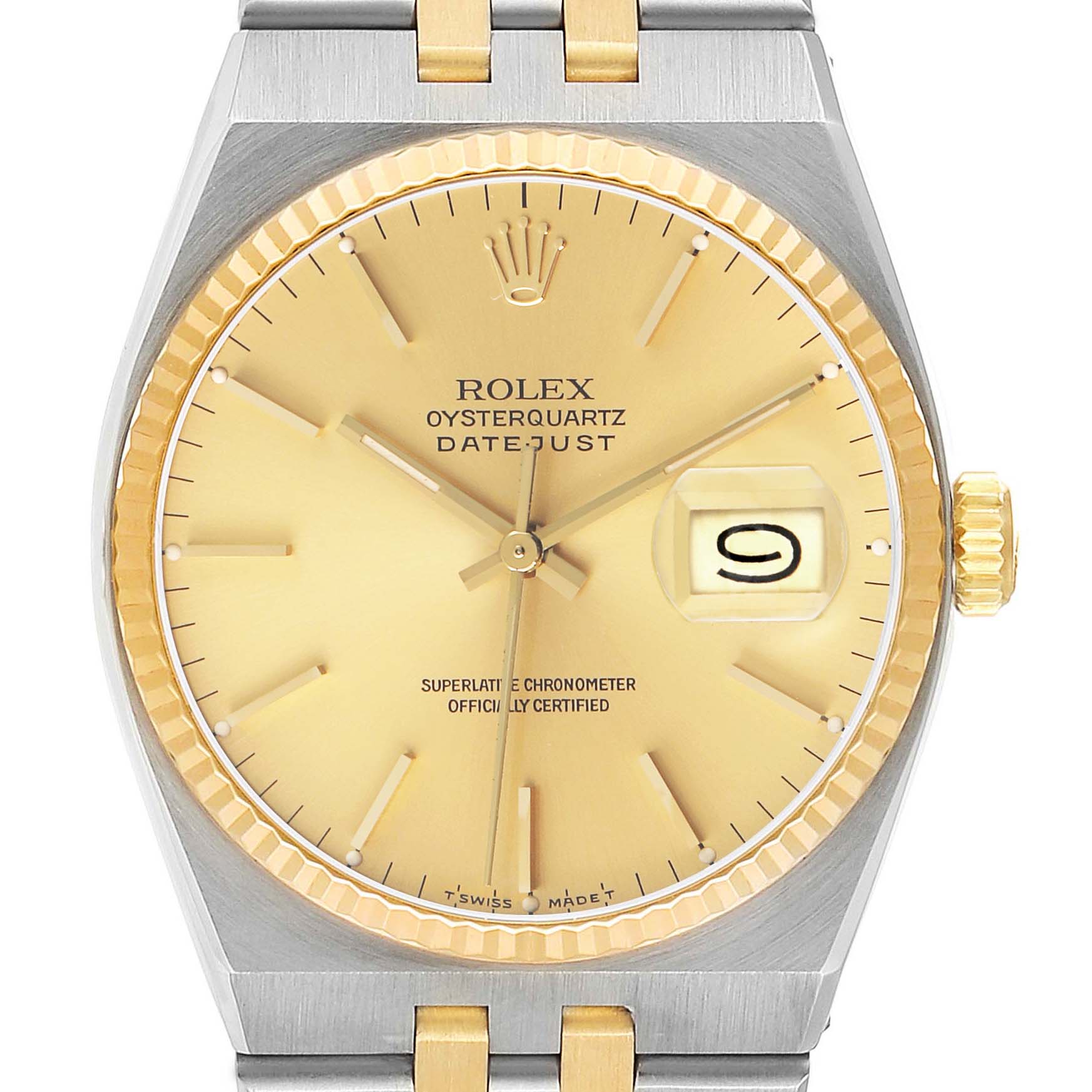 The image shows a Rolex Oysterquartz 17013 Men's Steel and Gold (two tone) Champagne Dial watch from a front angle, highlighting the dial, bezel, and crown.