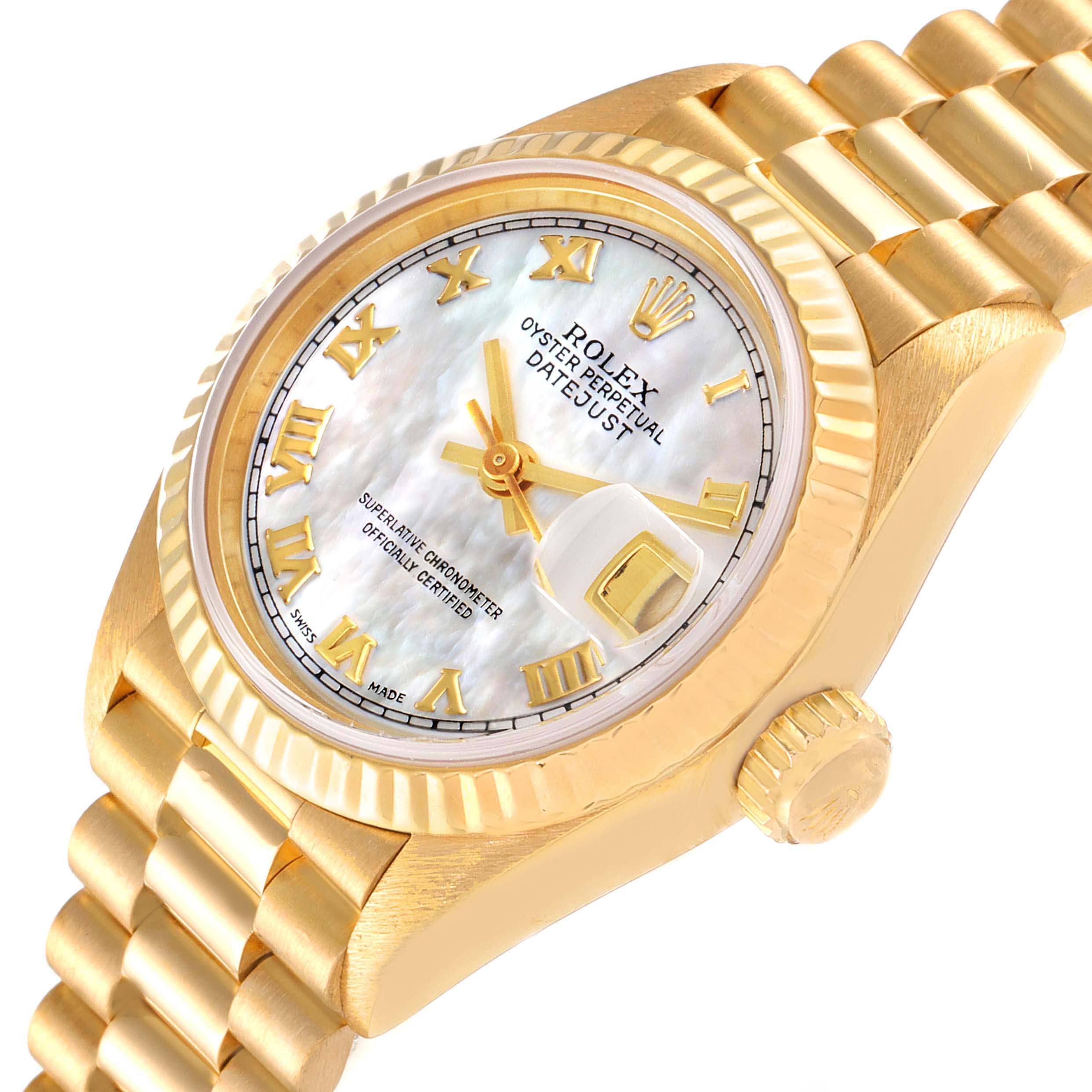 The image shows a Rolex President 69178 Women's Yellow Gold Mother of Pearl Dial 69178 Women's Yellow Gold Mother of Pearl Dial model watch from an angled side view, highlighting the face, bezel, and partial bracelet.
