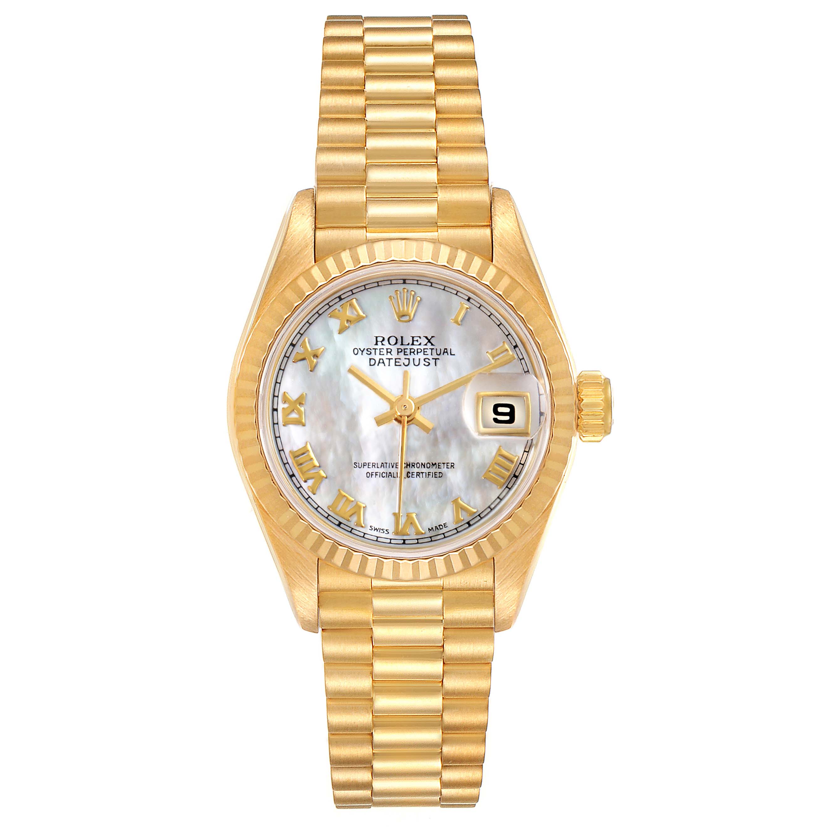 This image shows a front view of the Rolex President 69178 Women's Yellow Gold Mother of Pearl Dial 69178 Women's Yellow Gold Mother of Pearl Dial model watch, featuring its gold bracelet, dial, and date display.