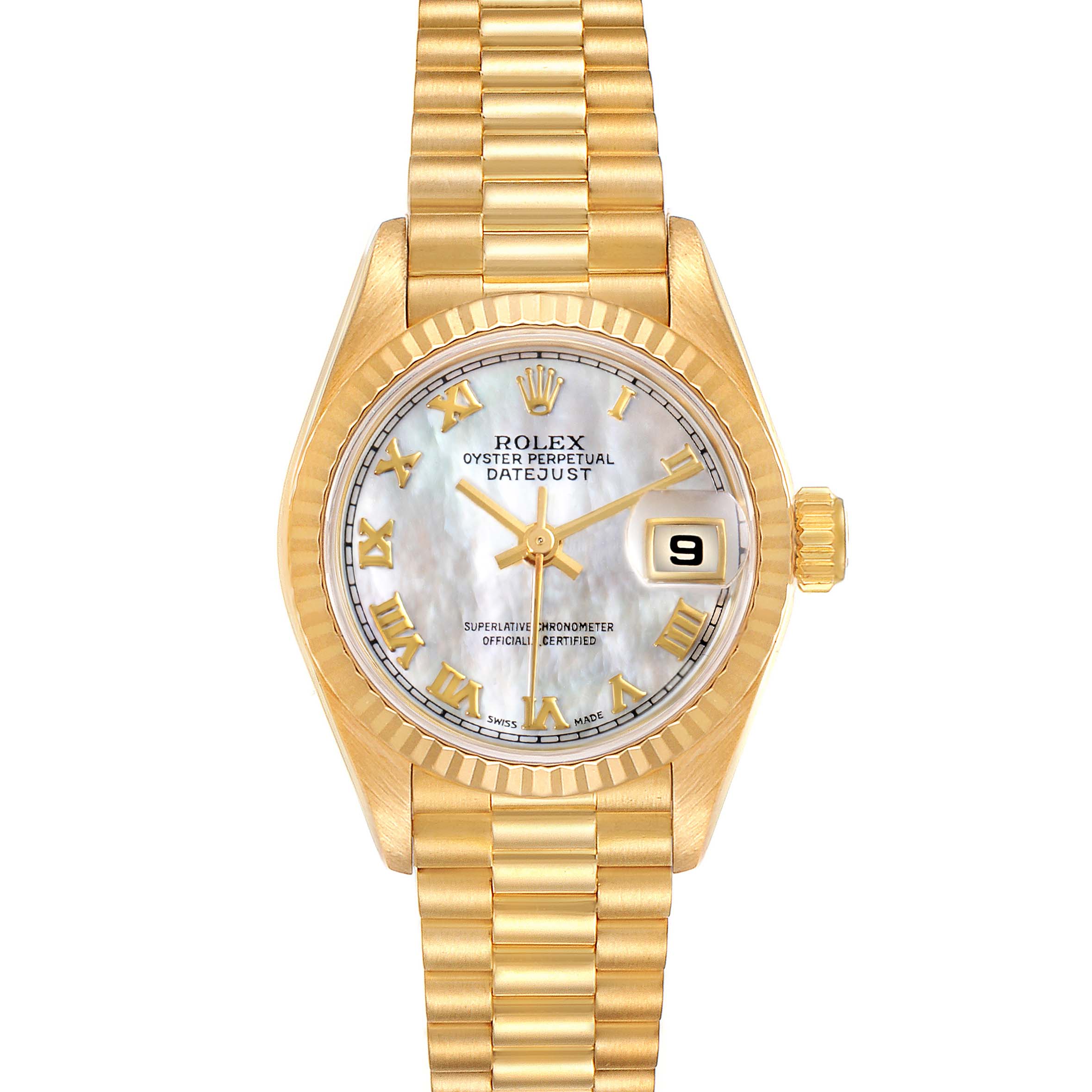 The image shows a front view of the Rolex President 69178 Women's Yellow Gold Mother of Pearl Dial 69178 Women's Yellow Gold Mother of Pearl Dial Datejust watch, featuring a gold case, fluted bezel, and gold bracelet.