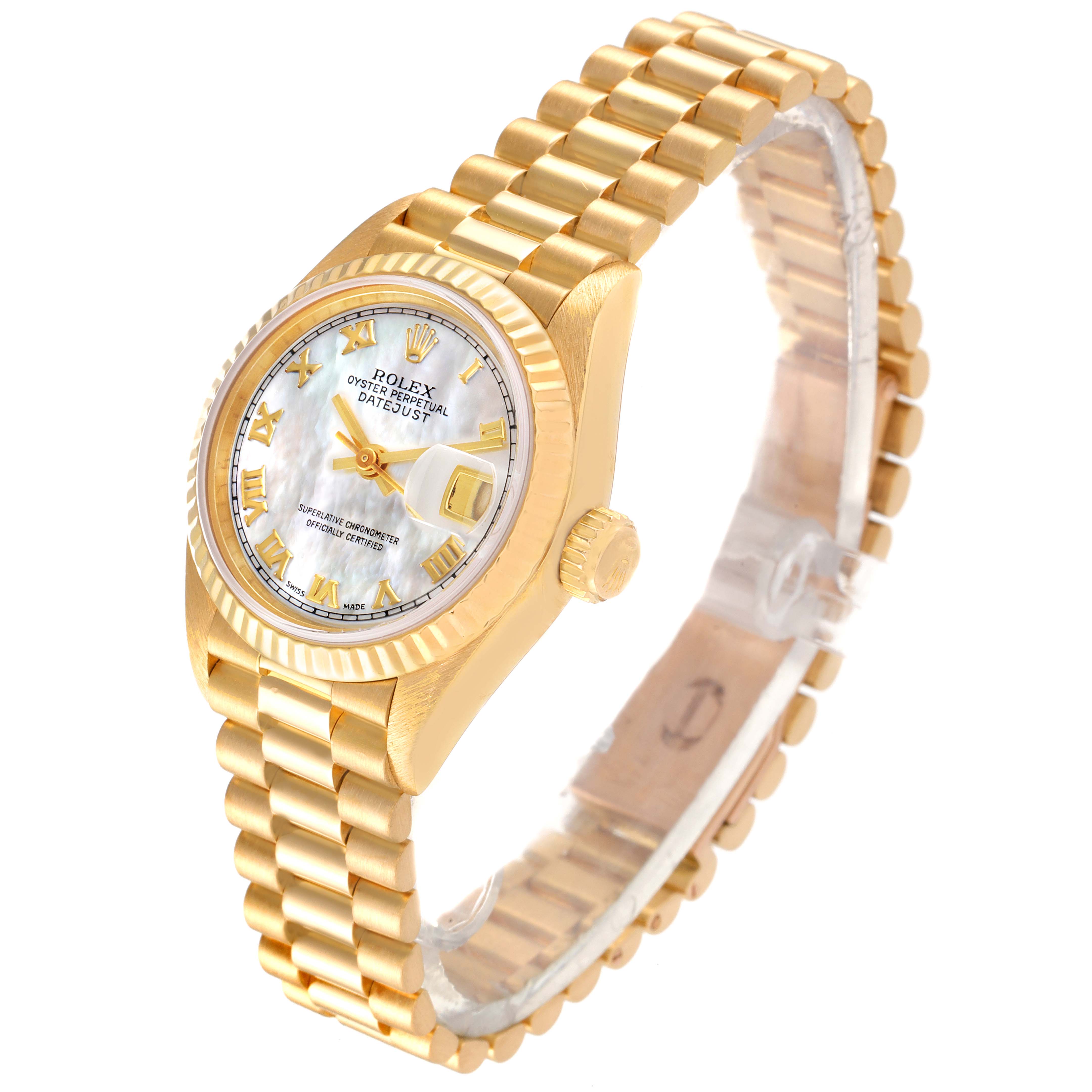 The Rolex President 69178 Women's Yellow Gold Mother of Pearl Dial 69178 Women's Yellow Gold Mother of Pearl Dial model watch is shown at a 3/4 angle, displaying the face, bezel, crown, and bracelet.