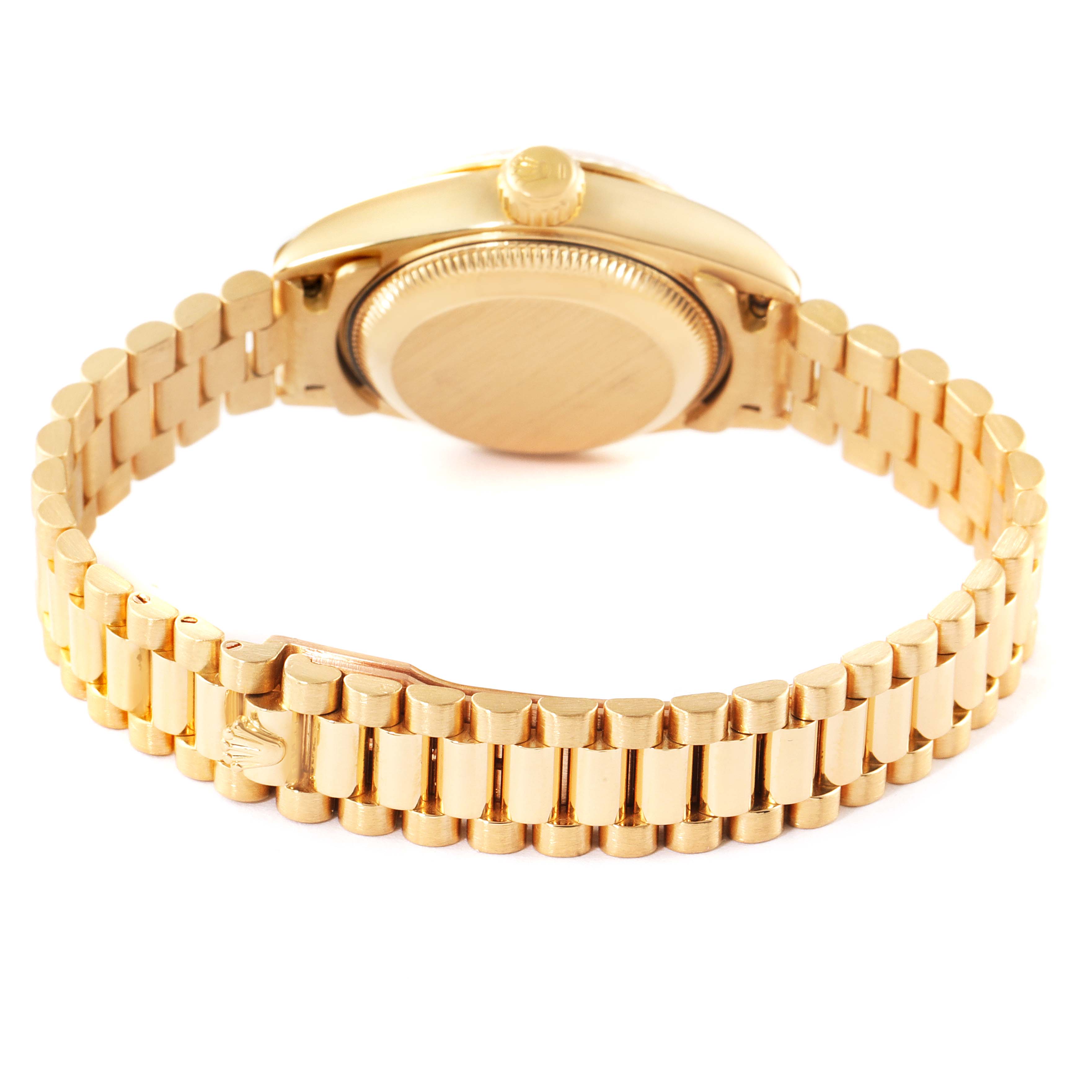 The image shows the back view of a Rolex President 69178 Women's Yellow Gold Mother of Pearl Dial 69178 Women's Yellow Gold Mother of Pearl Dial model watch, highlighting the bracelet and case back.