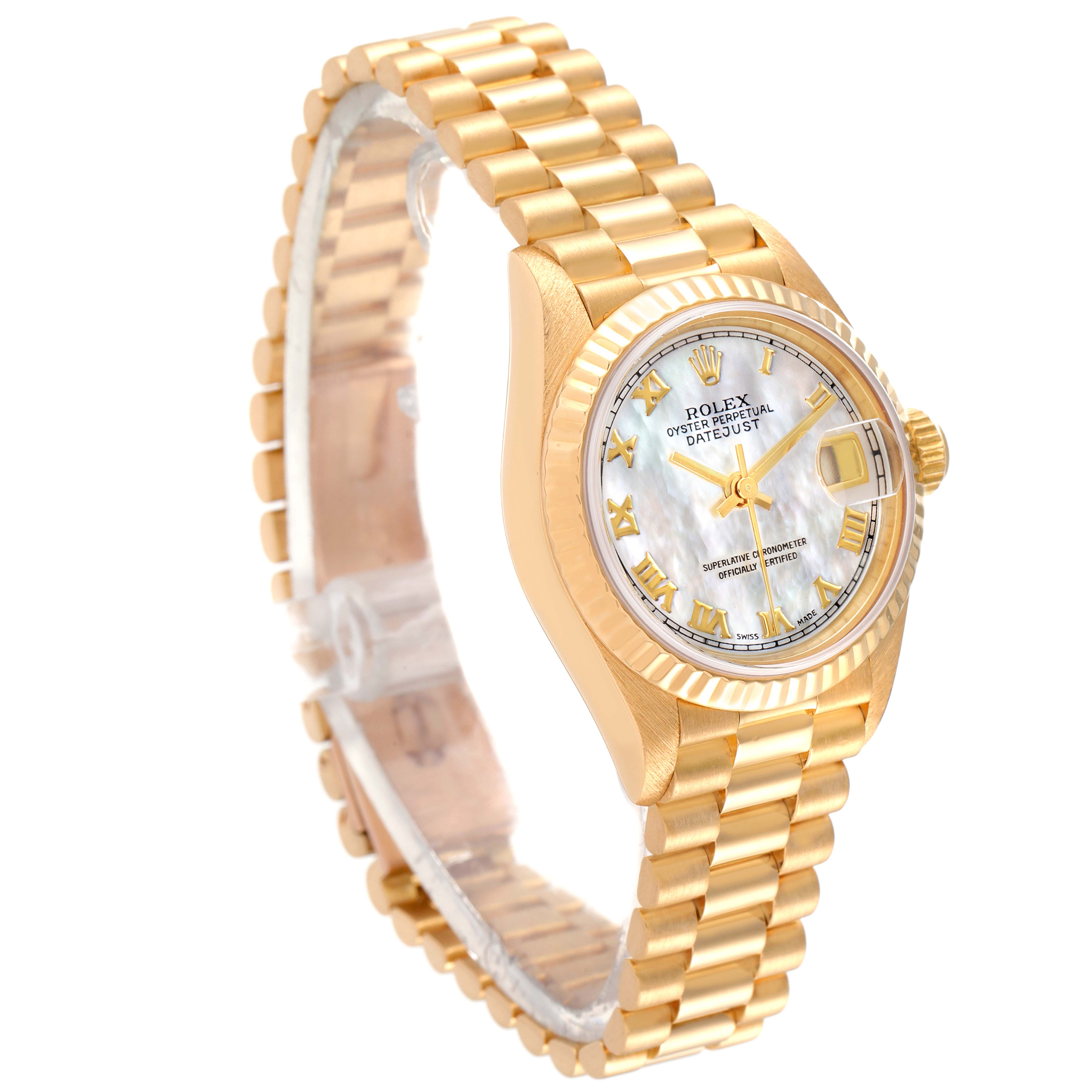 The image shows a Rolex President 69178 Women's Yellow Gold Mother of Pearl Dial 69178 Women's Yellow Gold Mother of Pearl Dial model watch from an angled side view, highlighting the gold bracelet, case, and dial.
