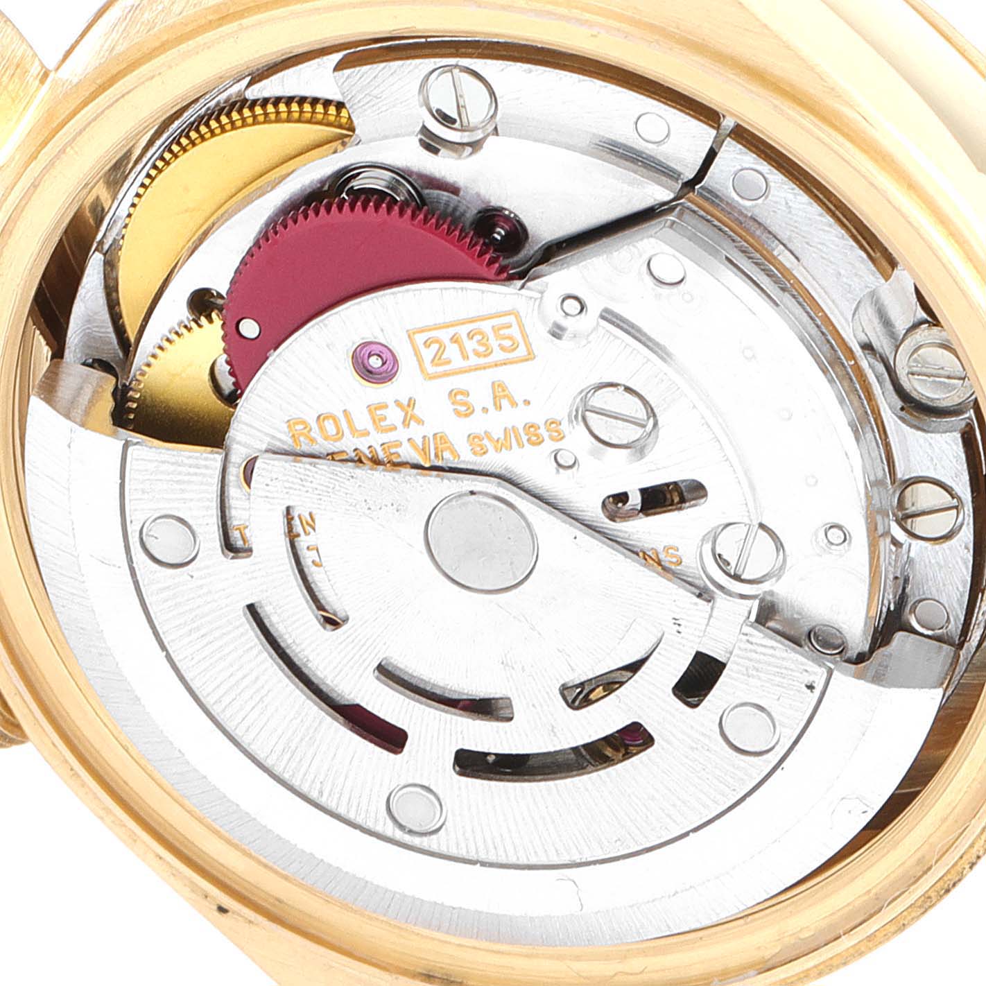 The image shows the movement and inner workings of a Rolex President 69178 Women's Yellow Gold Mother of Pearl Dial 69178 Women's Yellow Gold Mother of Pearl Dial model watch.
