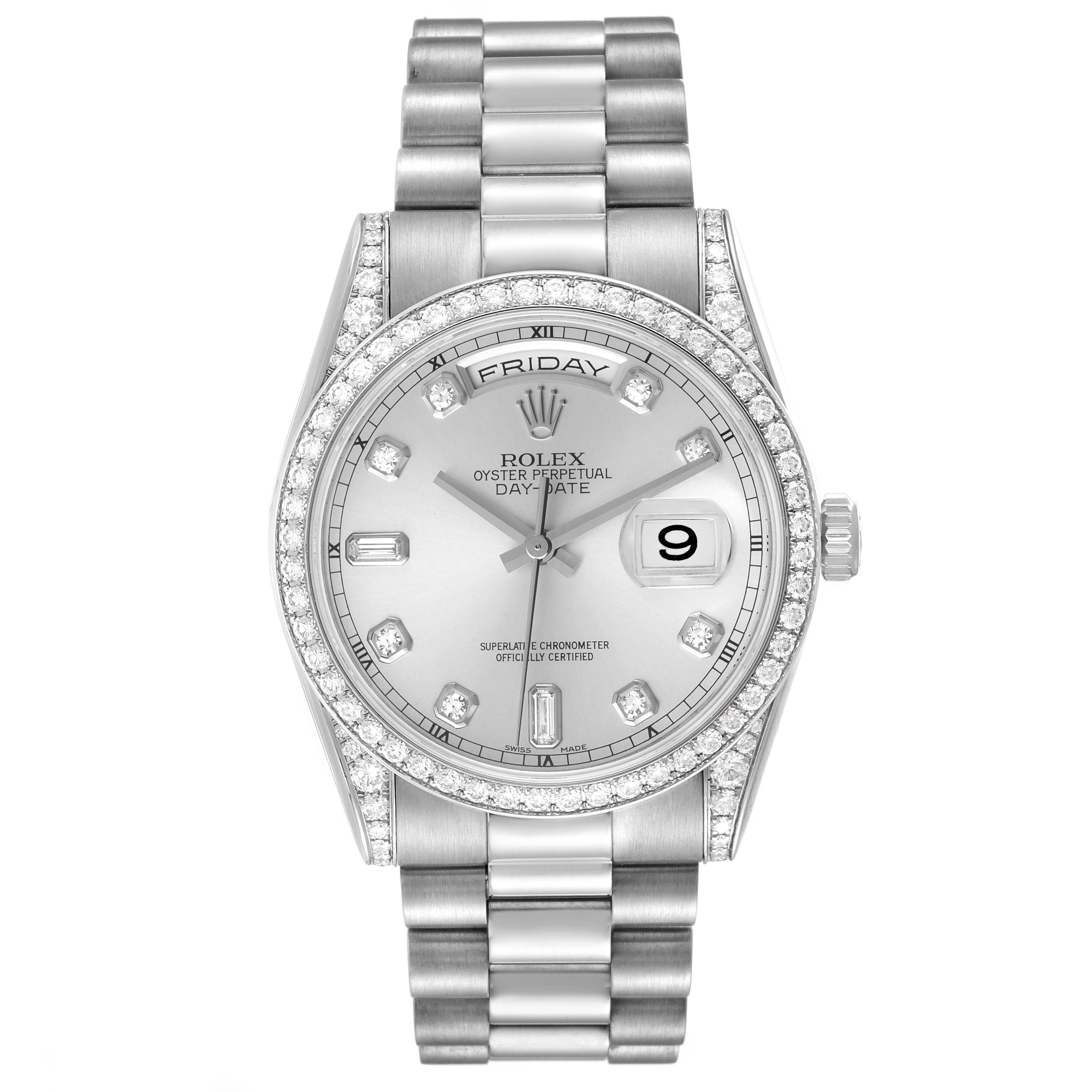 This image shows a front view of the Rolex President 118389 Men's White Gold Silver Dial 118389 Men's White Gold Silver Dial model watch with a silver dial, day-date display, and diamond accents.