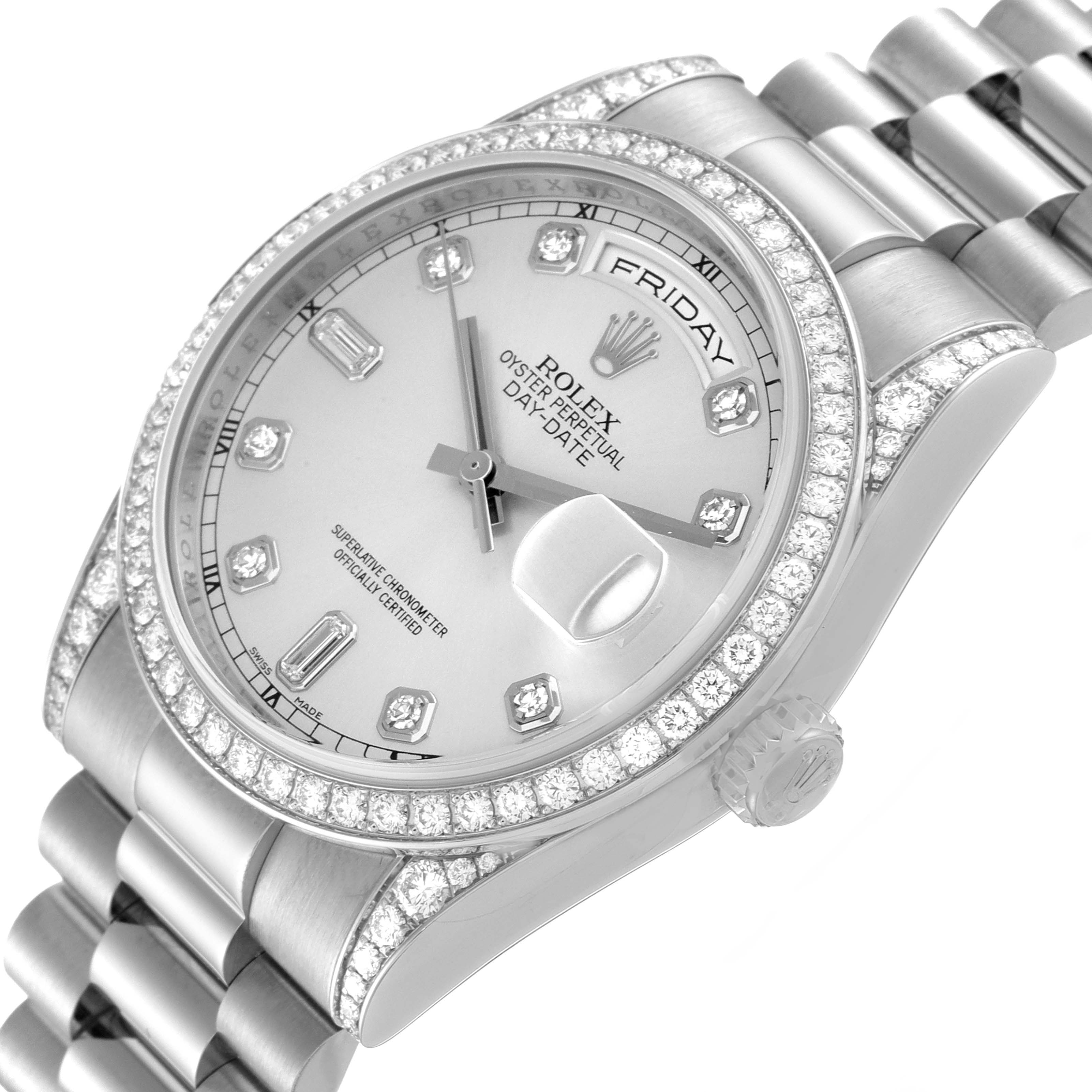 This image shows a close-up angle of a Rolex President 118389 Men's White Gold Silver Dial 118389 Men's White Gold Silver Dial model watch, highlighting its face, diamond bezel, and part of the bracelet.