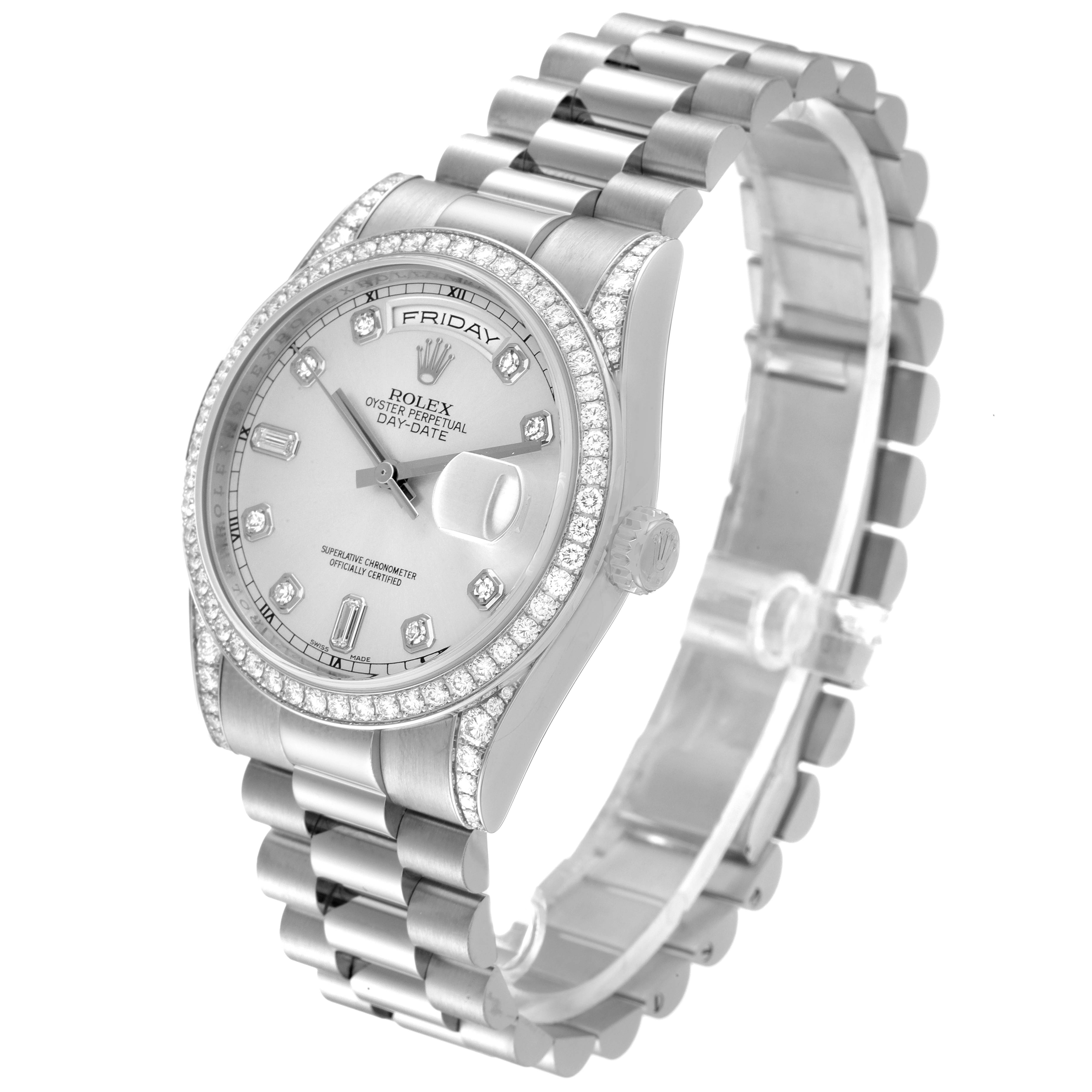 The image shows a Rolex President 118389 Men's White Gold Silver Dial 118389 Men's White Gold Silver Dial model watch from a three-quarter angle, highlighting the dial, bracelet, and bezel.