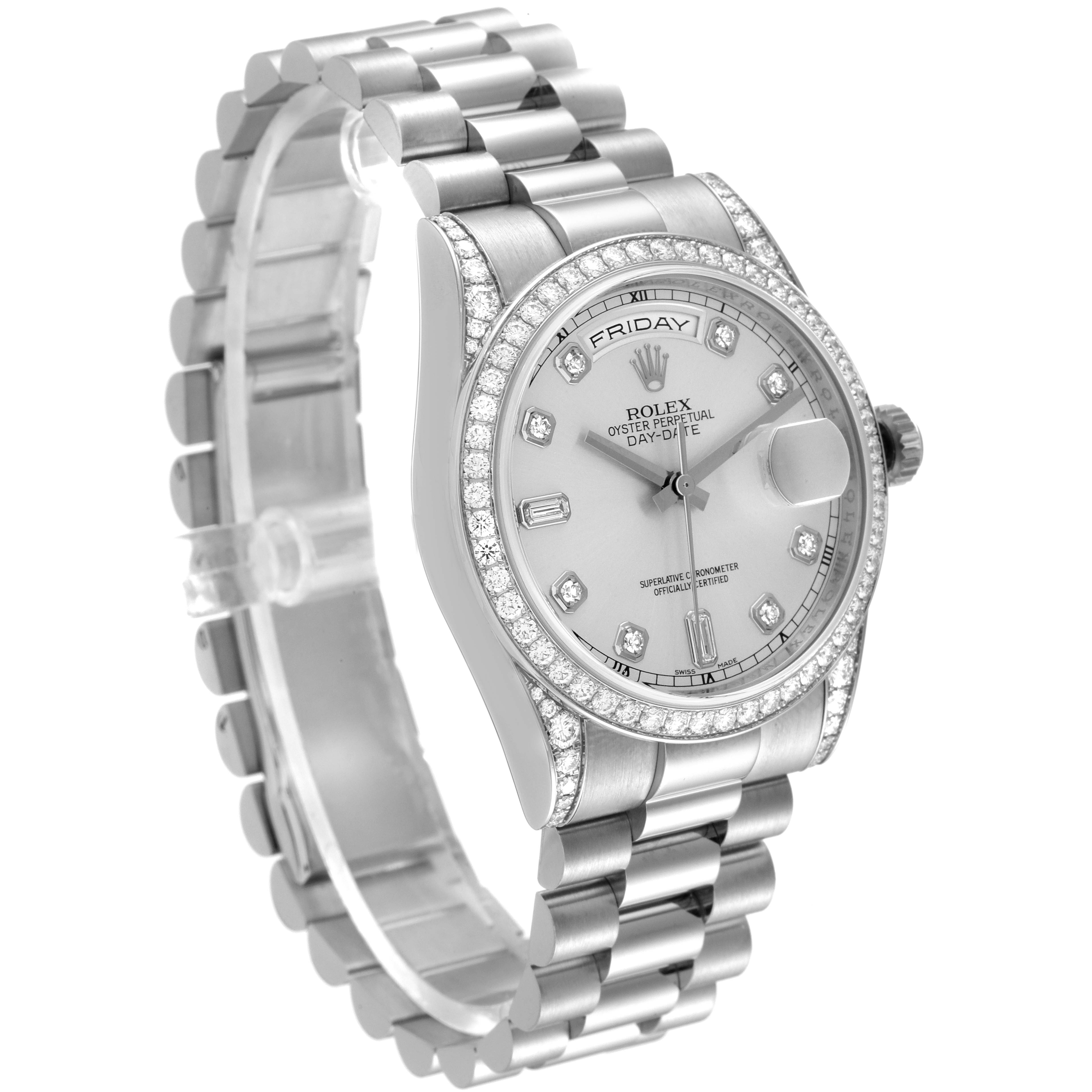 The Rolex President 118389 Men's White Gold Silver Dial 118389 Men's White Gold Silver Dial model watch is shown at a three-quarter angle, highlighting the face, bezel, and bracelet.
