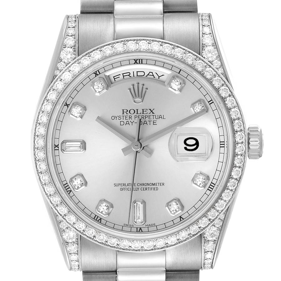 Rolex President Day-Date 18k White Gold Diamond Mens Watch 118389 Box Card SwissWatchExpo