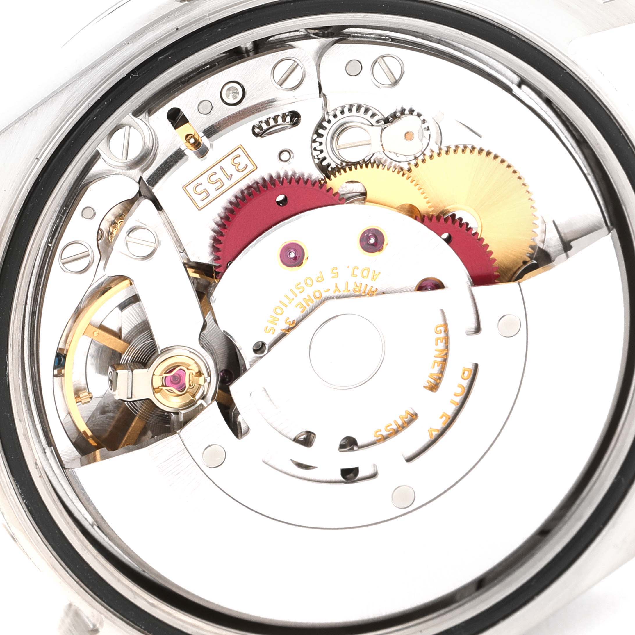 The image shows the inner mechanical movement of a Rolex President 118389 Men's White Gold Silver Dial 118389 Men's White Gold Silver Dial model watch, viewed from the back.