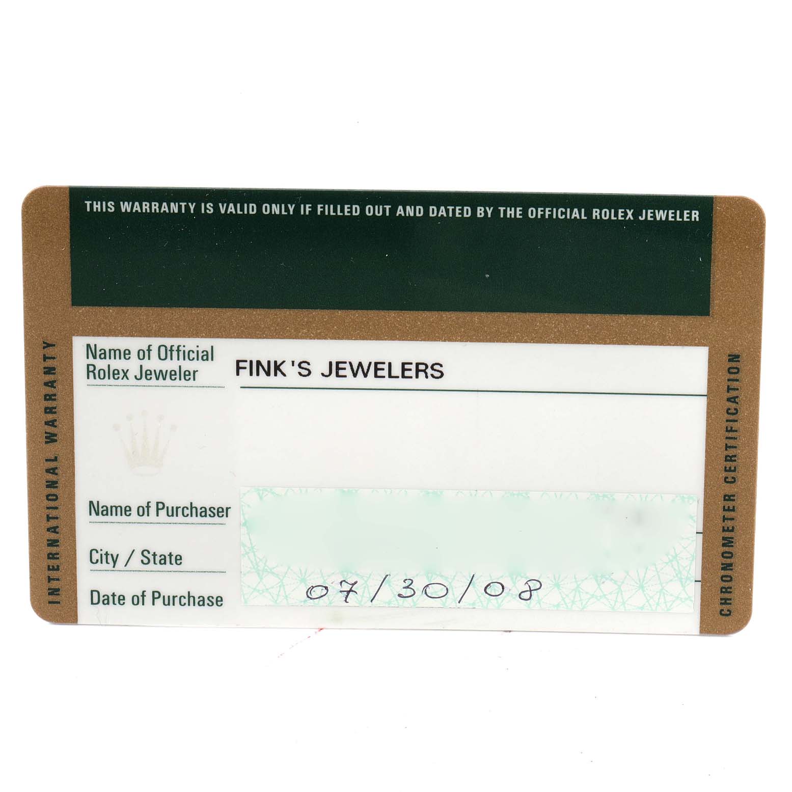 The image shows the warranty card for a Rolex President 118389 Men's White Gold Silver Dial 118389 Men's White Gold Silver Dial model watch, detailing the jeweler, purchase date, and other pertinent information.