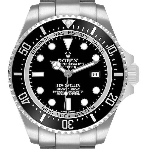 The image shows a front view of the Rolex Sea-Dweller 116660 Men's Stainless Steel Black Dial watch, highlighting its dial, bezel, and bracelet.