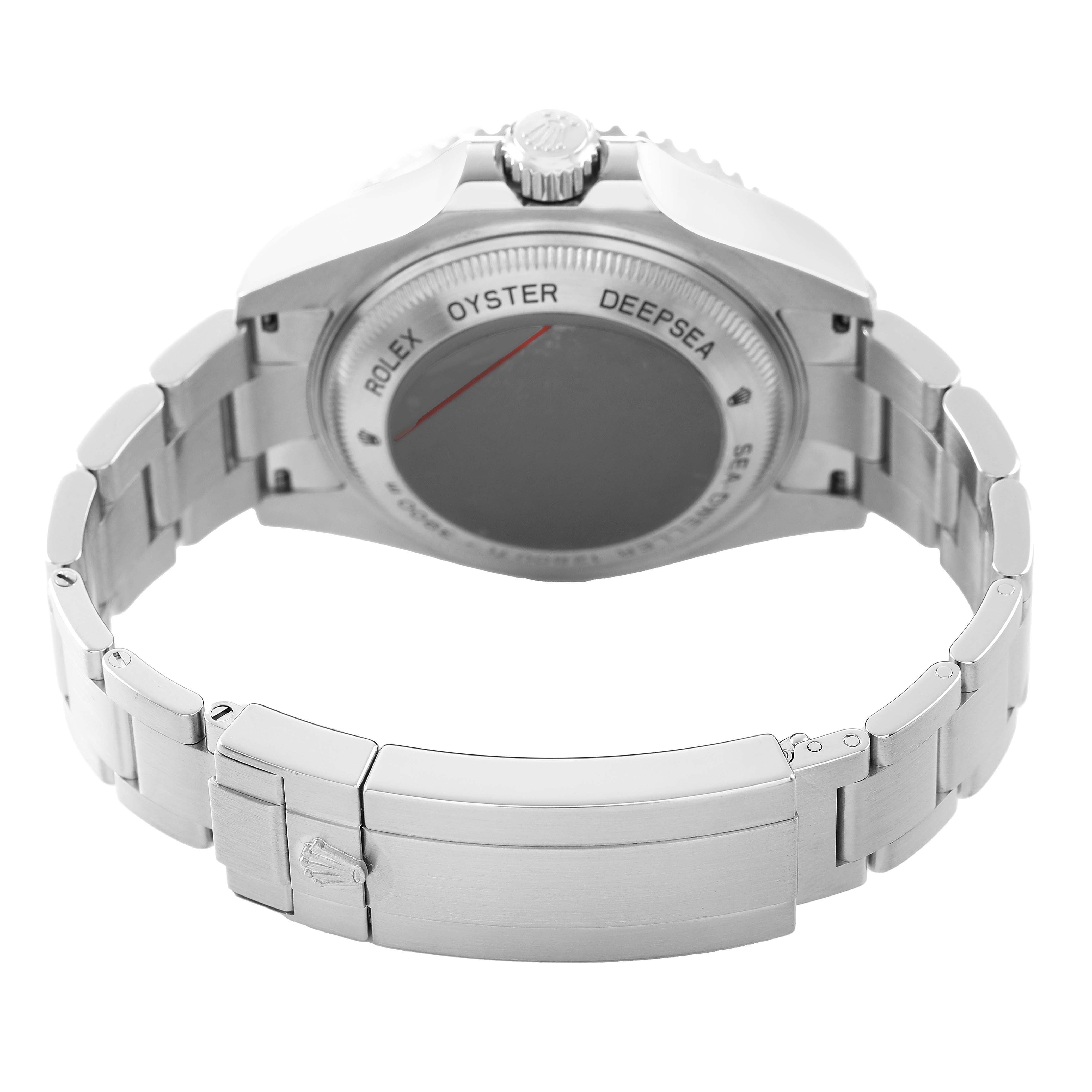 The image shows the back view of the Rolex Sea-Dweller 116660 Men's Stainless Steel Black Dial, highlighting the case back and bracelet clasp.