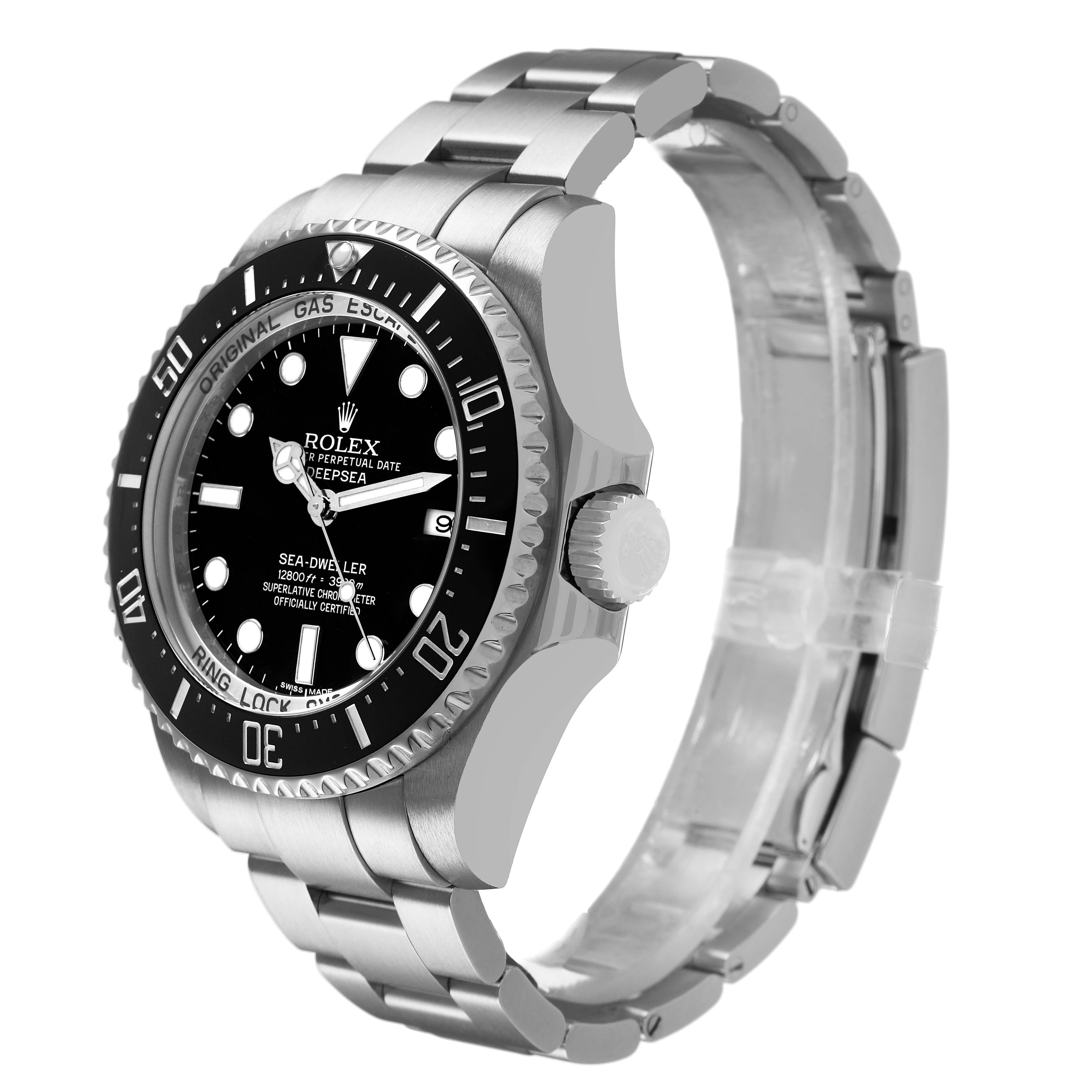 The Rolex Sea-Dweller 116660 Men's Stainless Steel Black Dial watch is shown at a side angle, highlighting the bezel, crown, and bracelet.