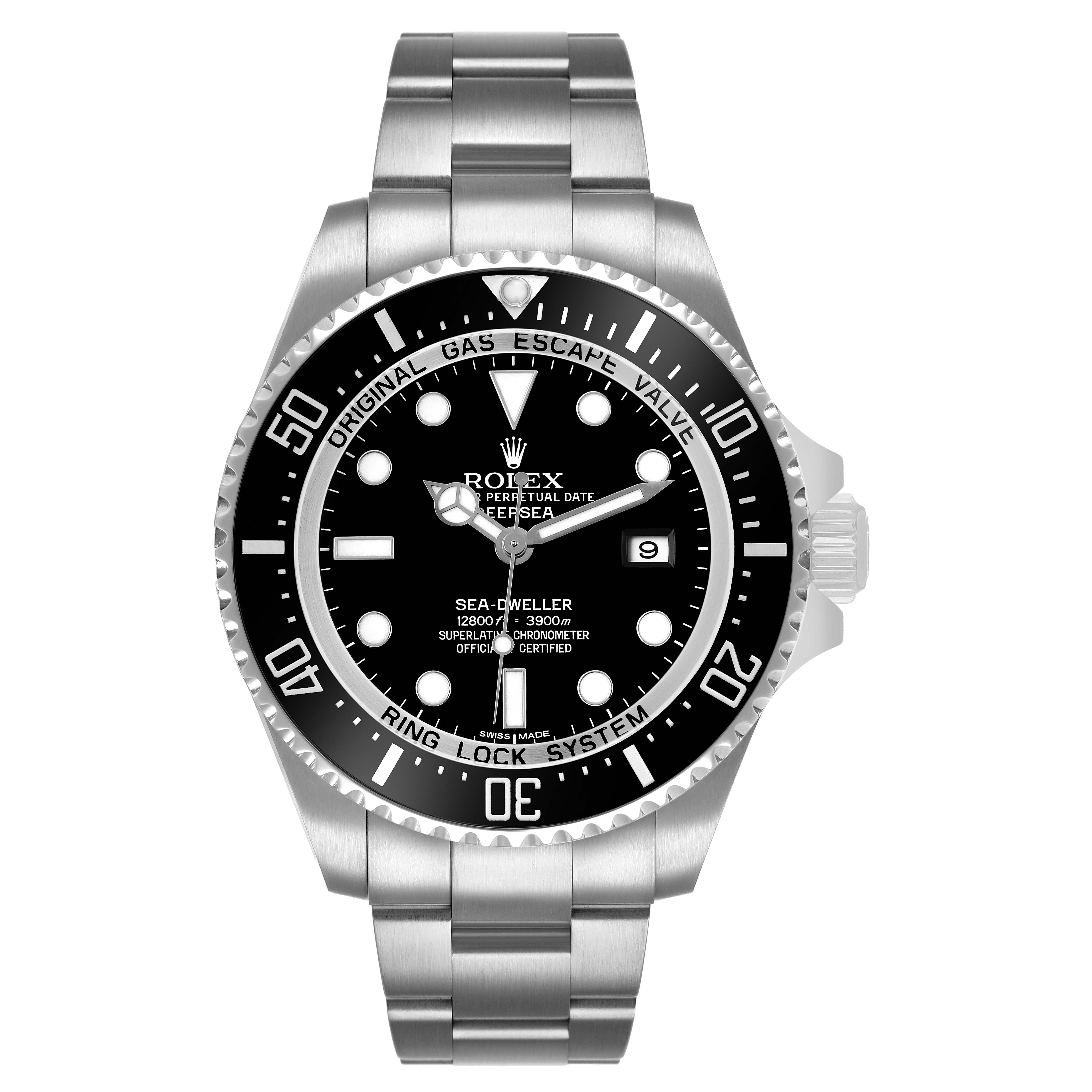 The Rolex Sea-Dweller 116660 Men's Stainless Steel Black Dial watch is shown from a front angle, highlighting the face, bezel, and bracelet.