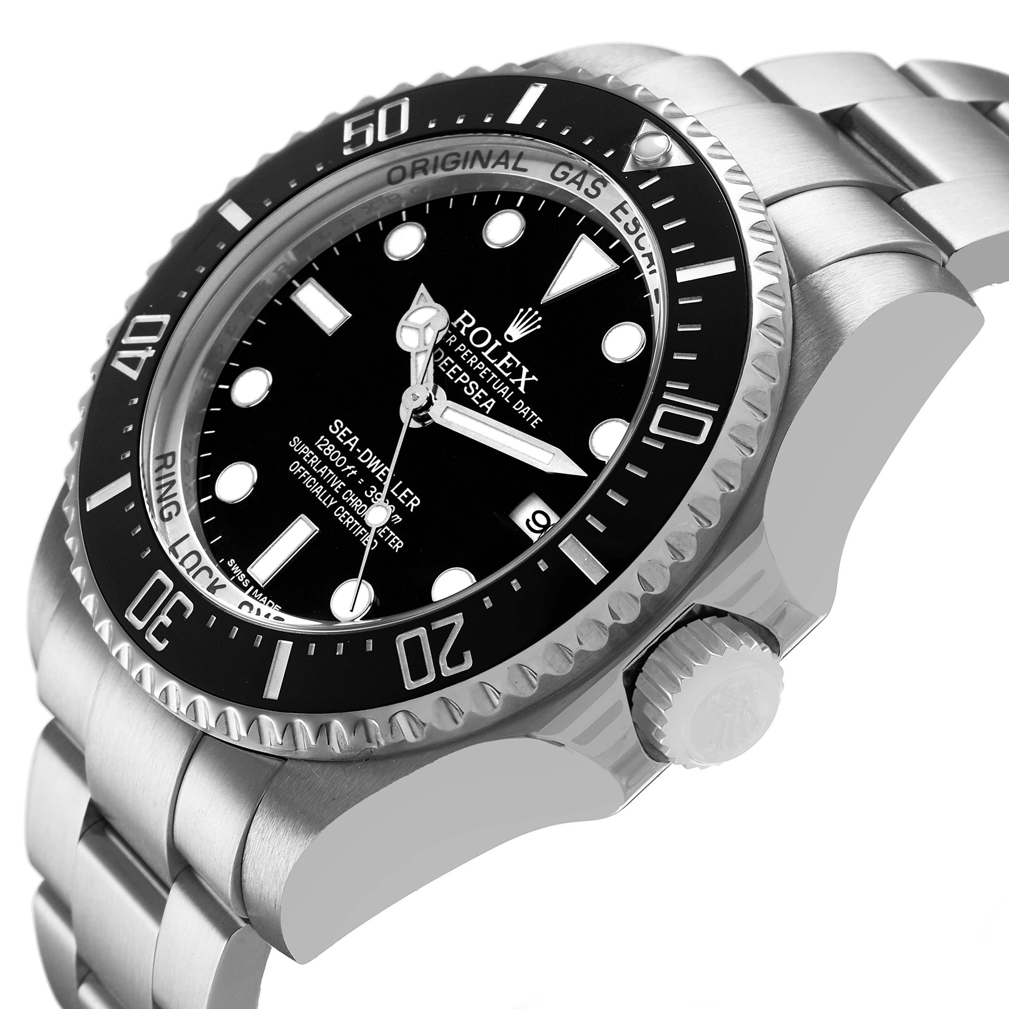 The Rolex Sea-Dweller 116660 Men's Stainless Steel Black Dial watch is shown at an angled close-up showing the bezel, crown, and part of the bracelet.