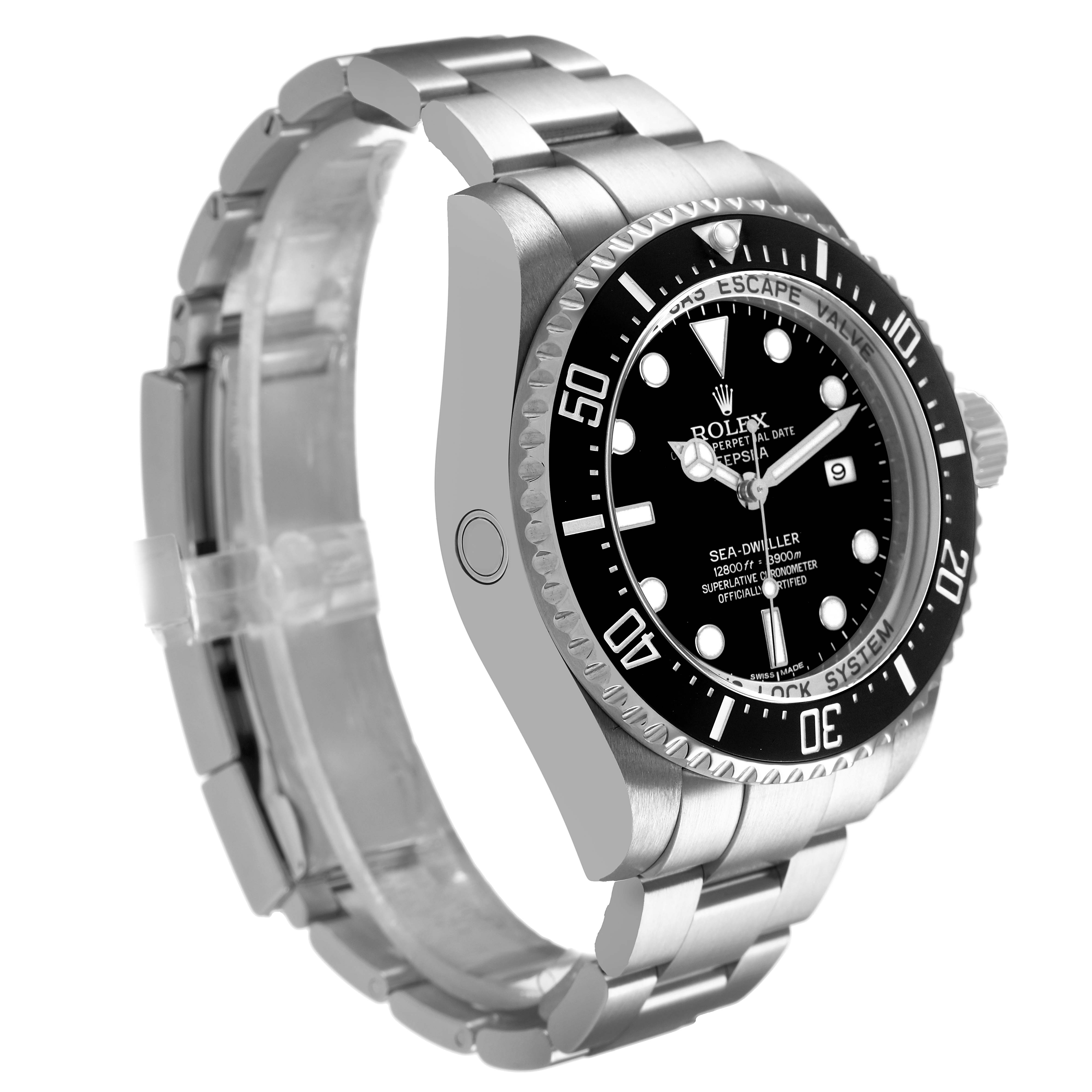 The image shows the Rolex Sea-Dweller 116660 Men's Stainless Steel Black Dial watch from a three-quarter angle, highlighting the bezel, dial, crown, and bracelet.