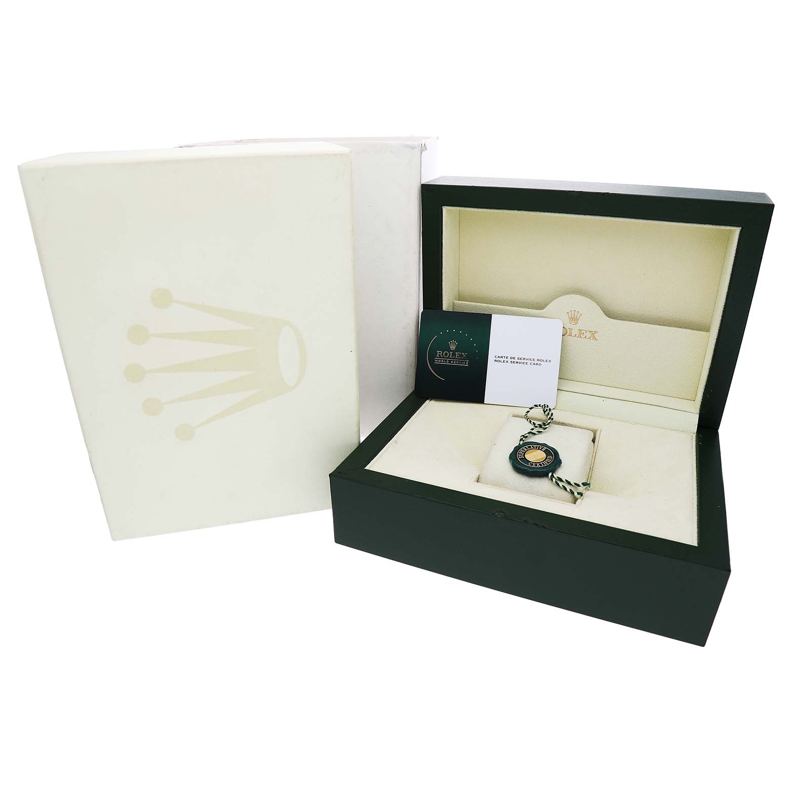 The image shows the packaging and accessories of a Rolex Sea-Dweller 116660 Men's Stainless Steel Black Dial, featuring an open watch box, warranty card, and tag.