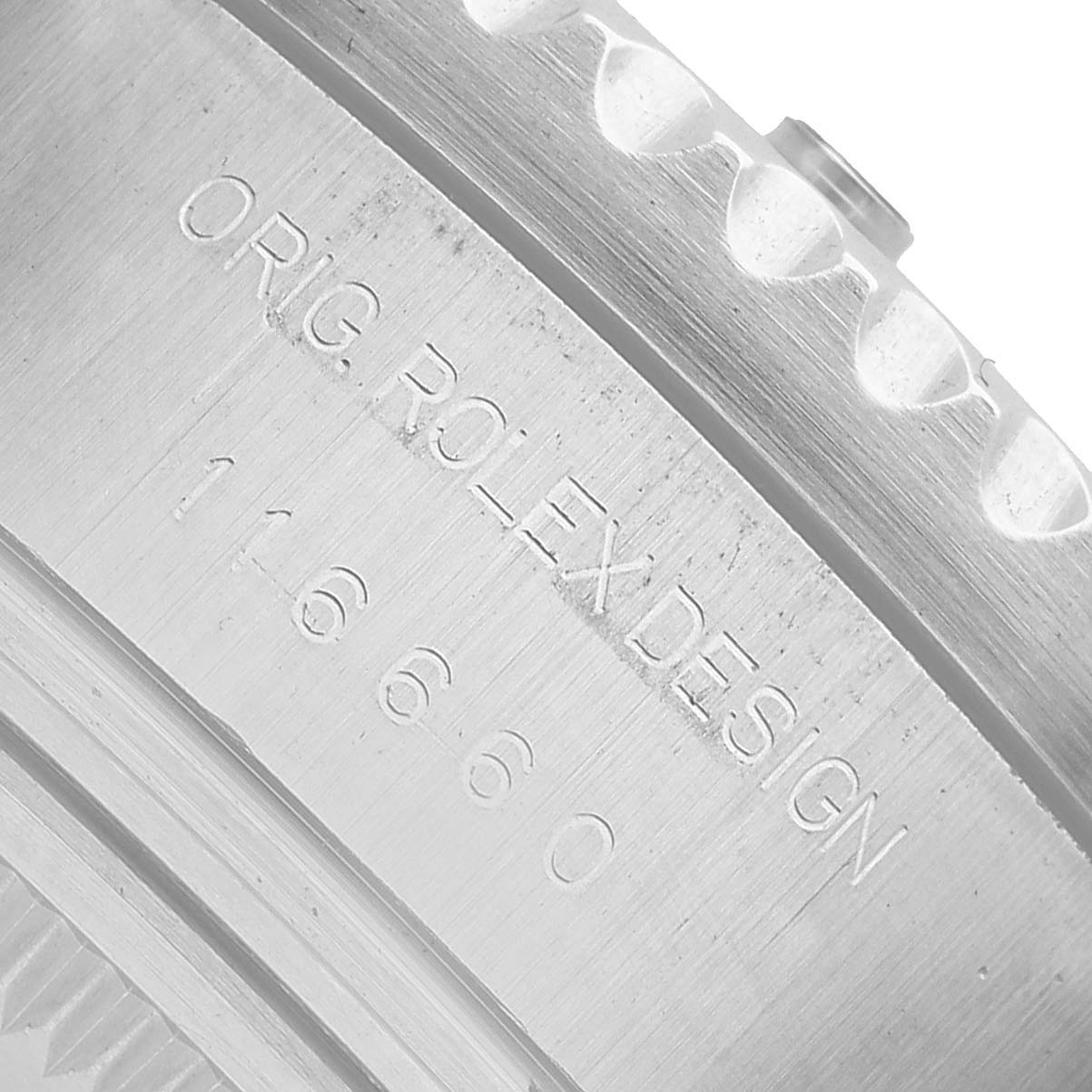 The image shows a close-up of the engraved side of a Rolex Sea-Dweller 116660 Men's Stainless Steel Black Dial watch case, displaying the model number.