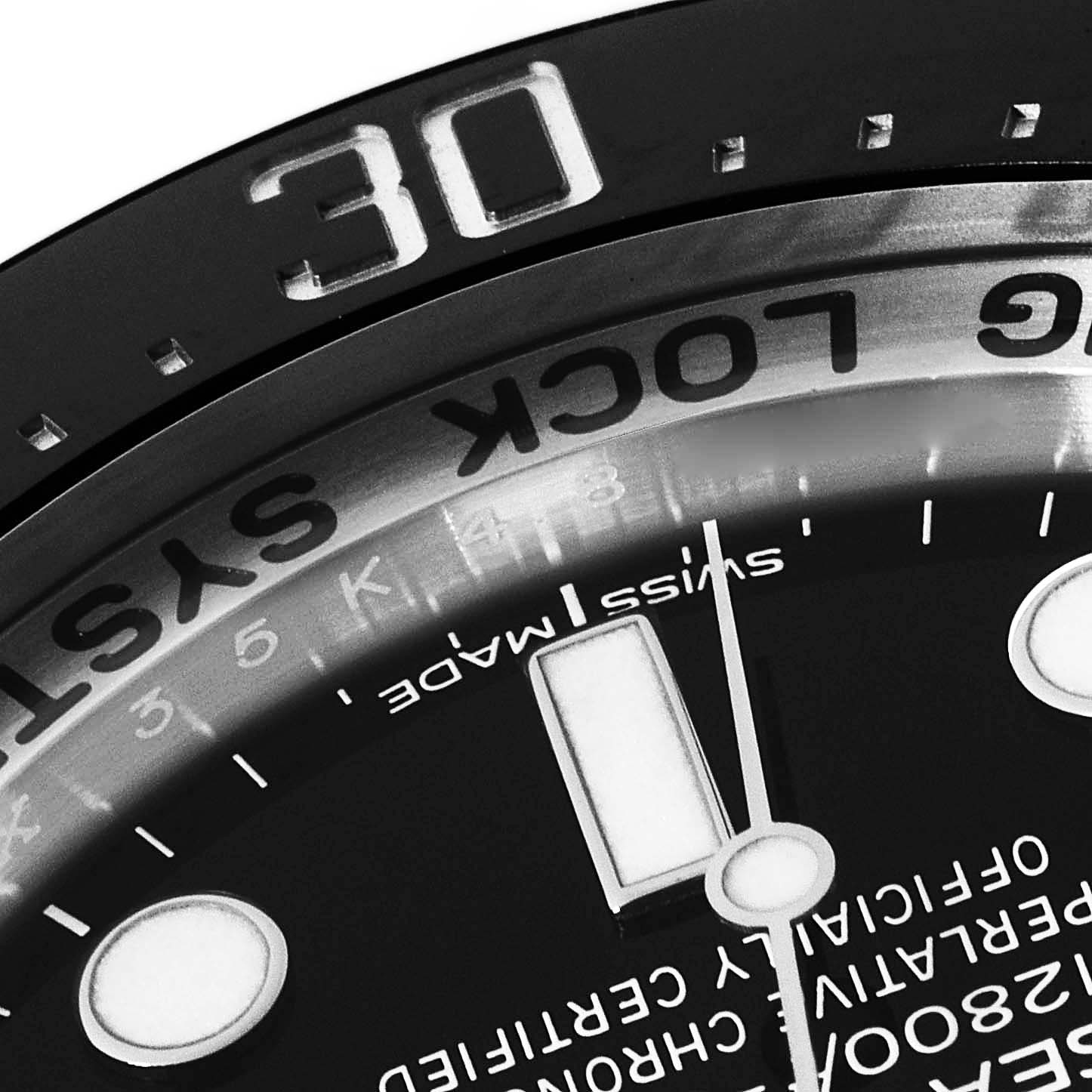 The image shows a close-up of the dial and bezel of a Rolex Sea-Dweller 116660 Men's Stainless Steel Blue Dial 116660 Men's Stainless Steel Blue Dial watch, with emphasis on the minute markers and the "30" label on the bezel.