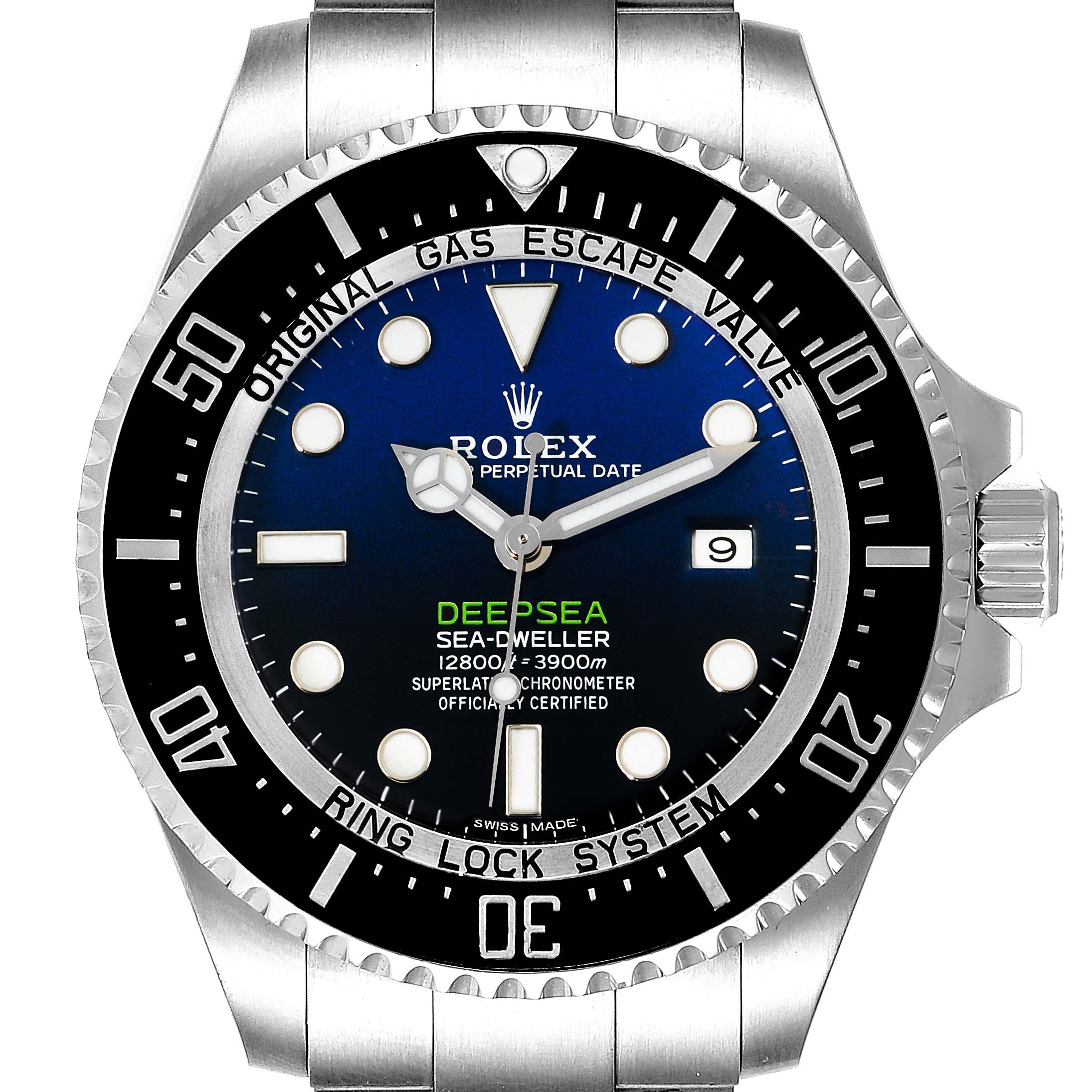 The image shows a front view of a Rolex Sea-Dweller 116660 Men's Stainless Steel Blue Dial 116660 Men's Stainless Steel Blue Dial watch, featuring its dial, bezel, and part of the bracelet.