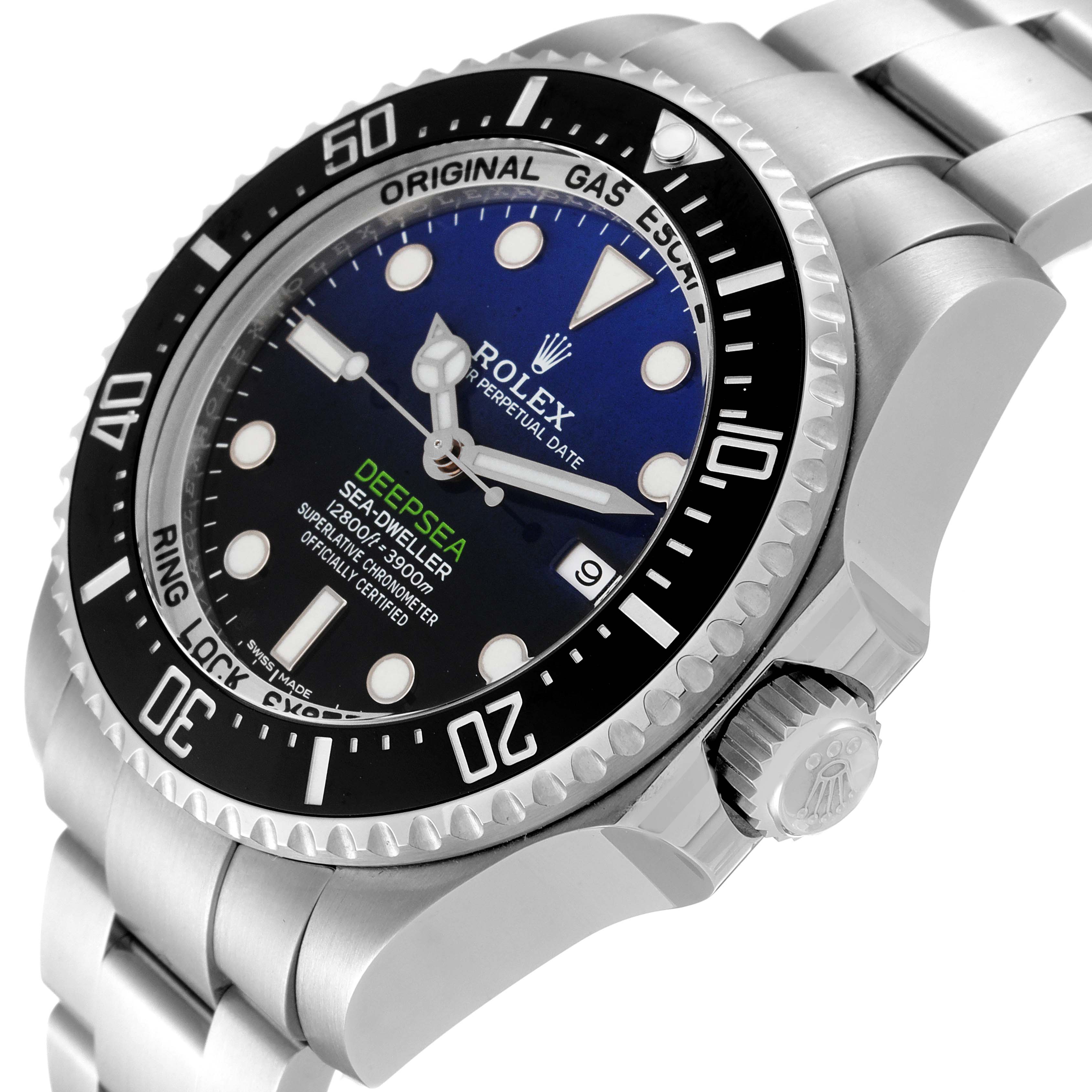 The image shows a Rolex Sea-Dweller 116660 Men's Stainless Steel Blue Dial 116660 Men's Stainless Steel Blue Dial watch from a side angle, highlighting the watch face, bezel, crown, and part of the bracelet.