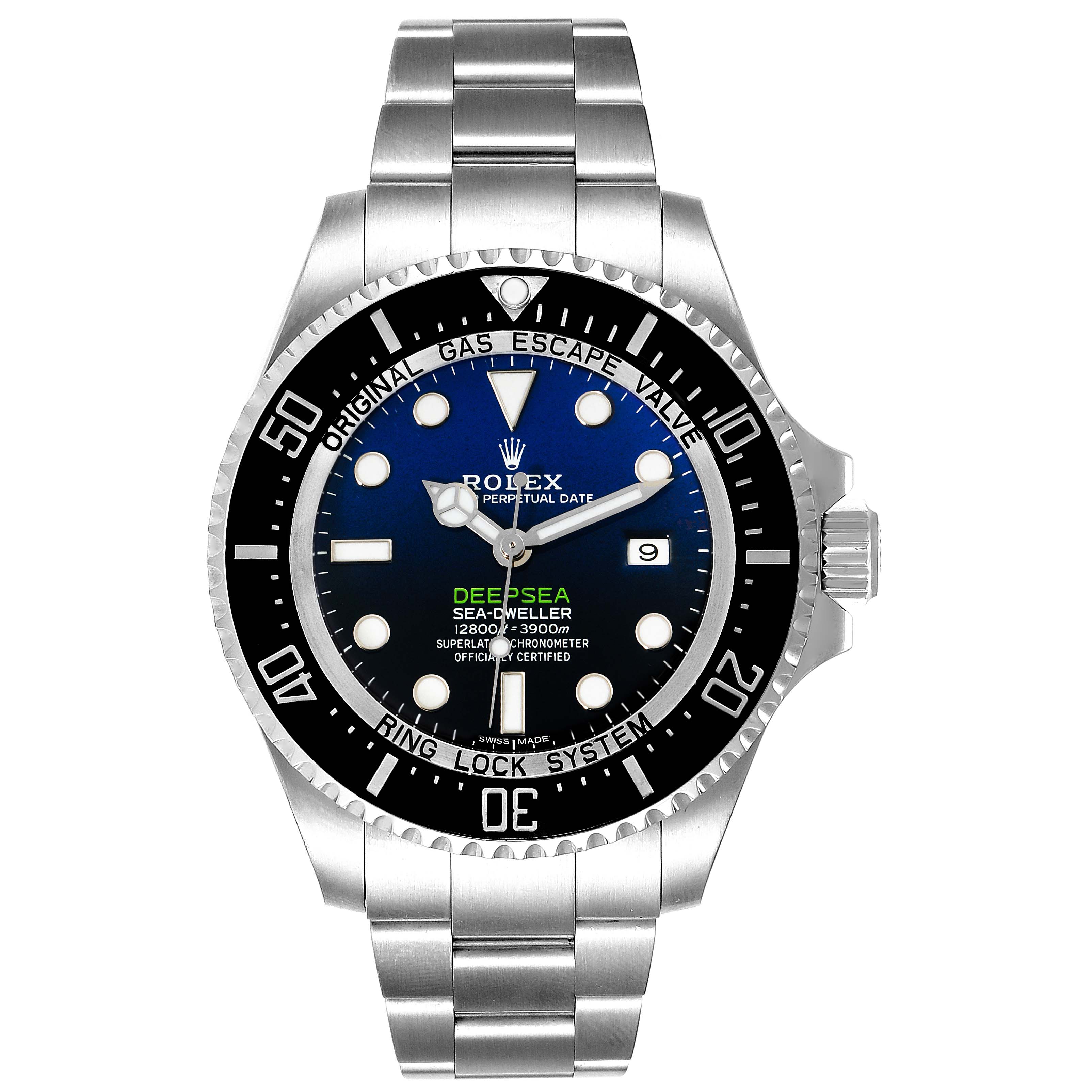 The image shows a front view of a Rolex Sea-Dweller 116660 Men's Stainless Steel Blue Dial 116660 Men's Stainless Steel Blue Dial model, highlighting its face, bezel, and stainless steel bracelet.