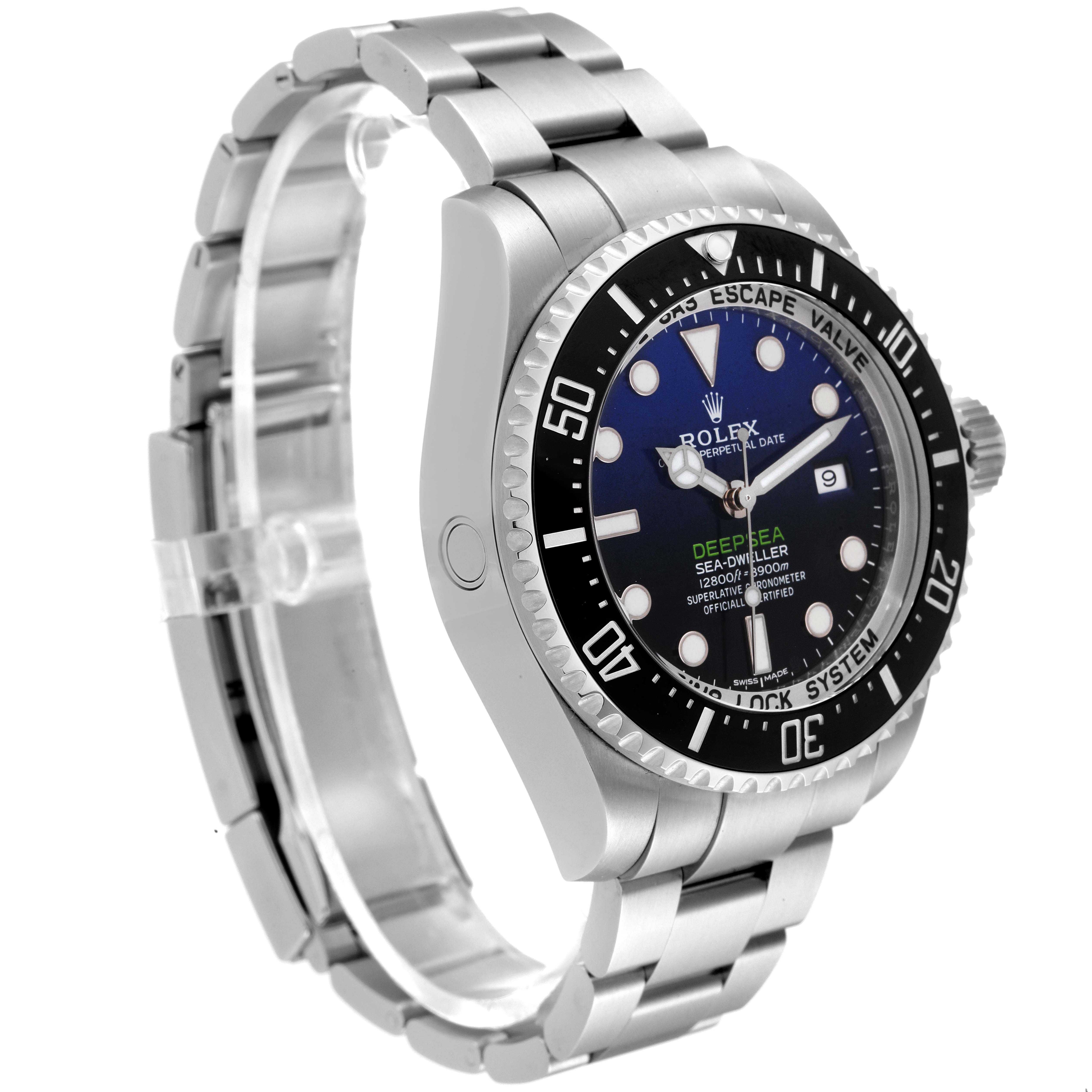 The image shows a Rolex Sea-Dweller 116660 Men's Stainless Steel Blue Dial 116660 Men's Stainless Steel Blue Dial watch angled from the front-left, displaying the dial, bezel, and bracelet.