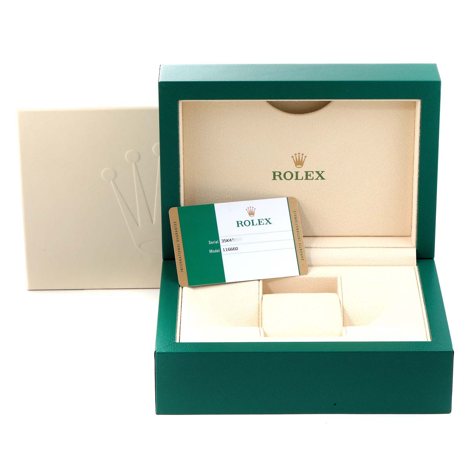 The image shows a Rolex Sea-Dweller 116660 Men's Stainless Steel Blue Dial 116660 Men's Stainless Steel Blue Dial watch box, an informational card, and the internal foam insert.