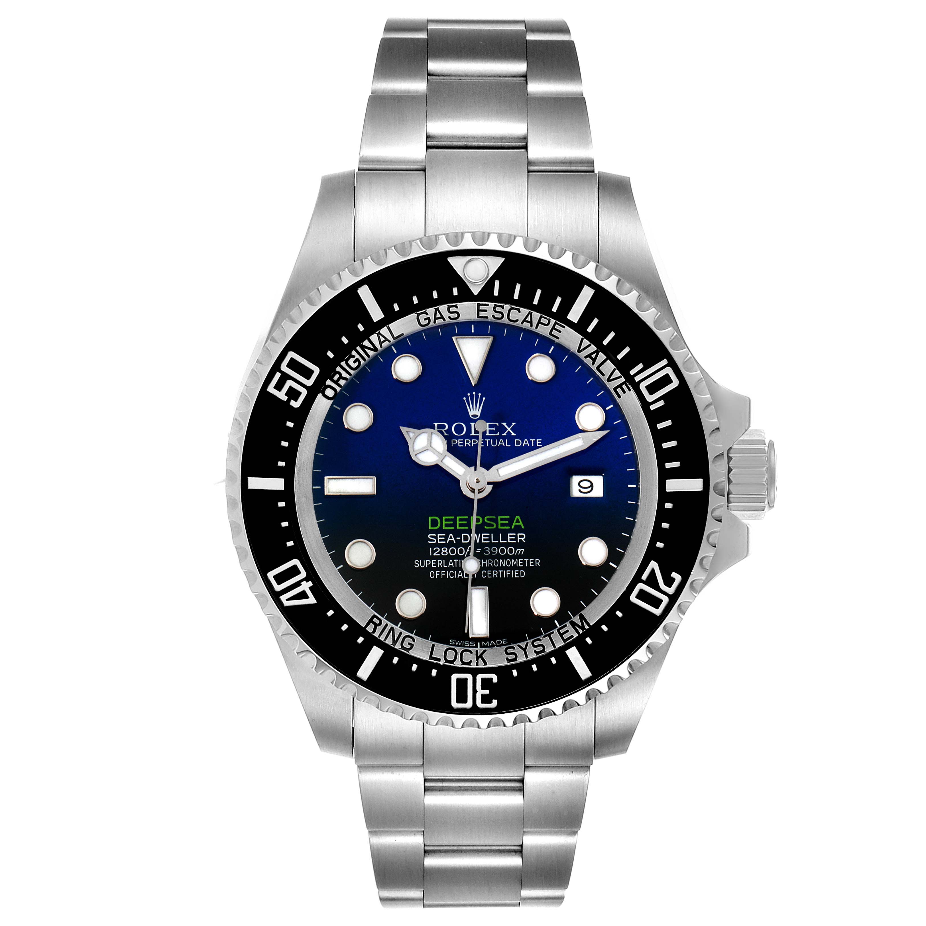 This image shows a full frontal view of the Rolex Sea-Dweller 116660 Men
s Stainless Steel Blue Dial 116660 Men
s Stainless Steel Blue Dial Deepsea watch, highlighting the dial, bezel, and bracelet.