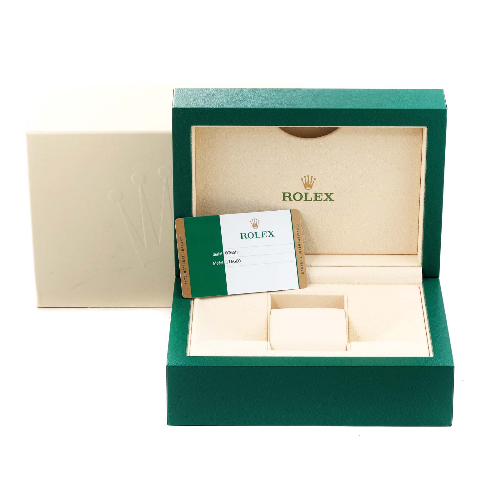 This image shows an open Rolex Sea-Dweller 116660 Men
s Stainless Steel Blue Dial 116660 Men
s Stainless Steel Blue Dial watch box with a warranty card, angled to display the interior and card clearly.