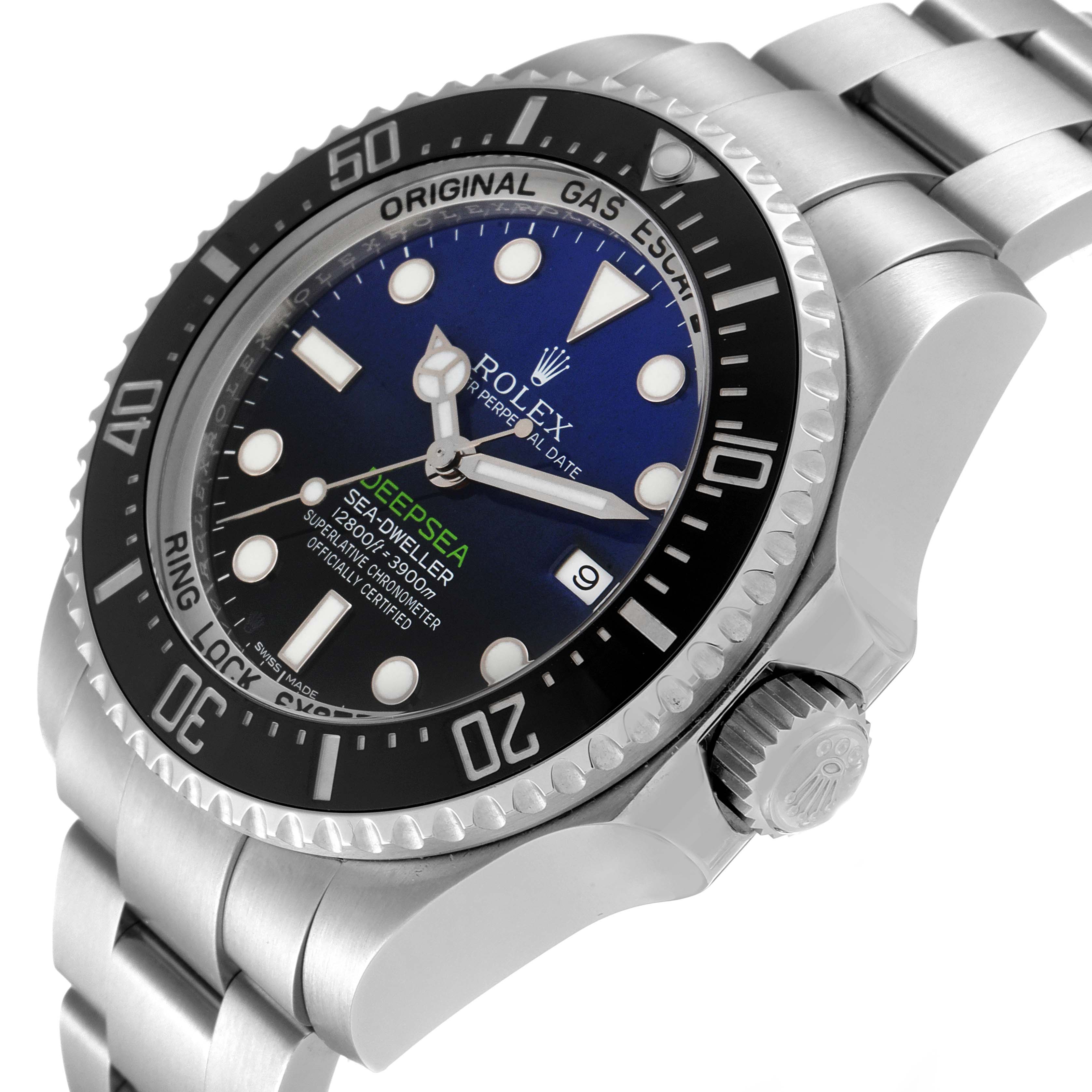 This image shows a close-up of the Rolex Sea-Dweller 116660 Men
s Stainless Steel Blue Dial 116660 Men
s Stainless Steel Blue Dial watch from a side angle, highlighting the bezel, dial, and crown.
