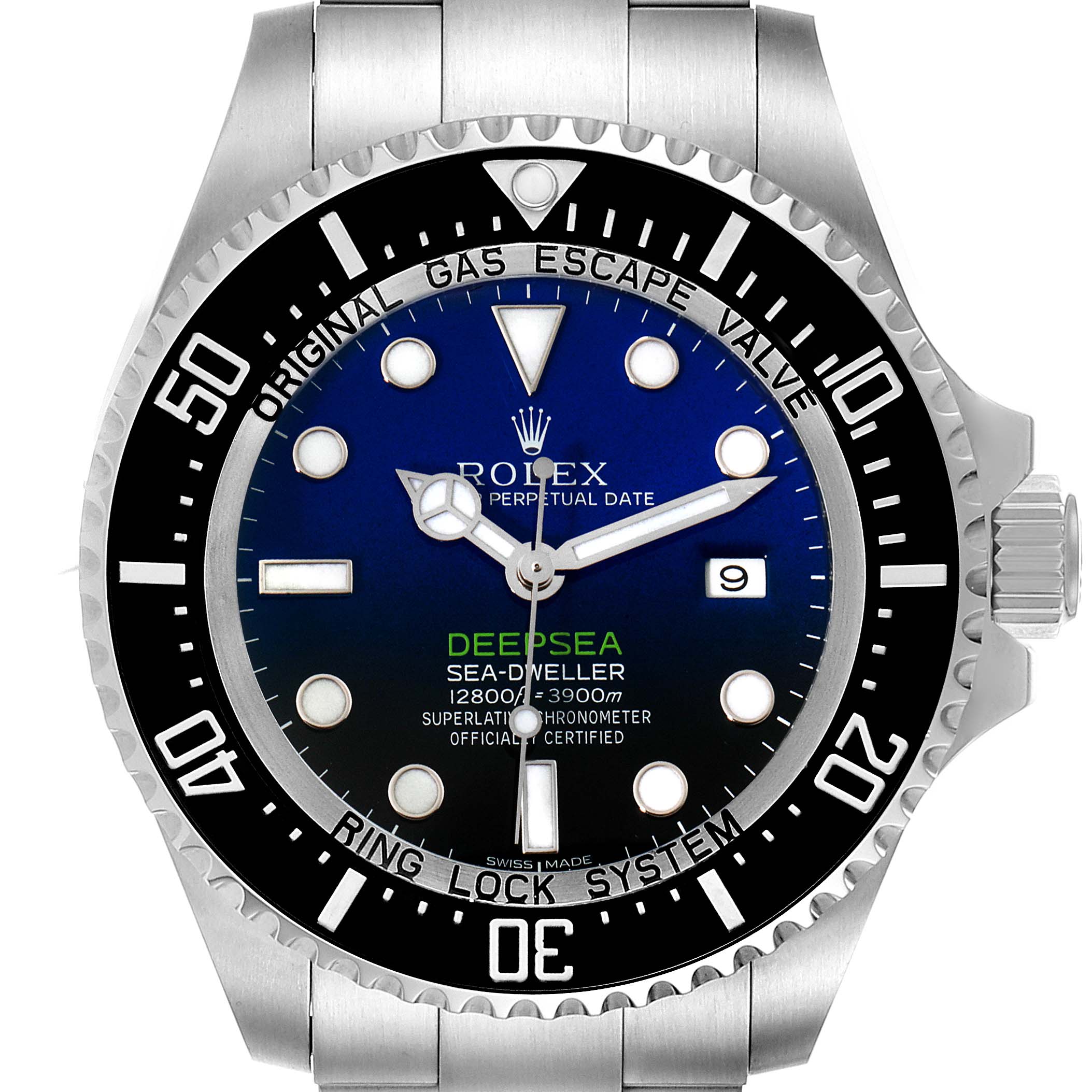 This image shows a front view of the Rolex Sea-Dweller 116660 Men
s Stainless Steel Blue Dial 116660 Men
s Stainless Steel Blue Dial Deepsea watch, highlighting its dial, bezel, and bracelet.